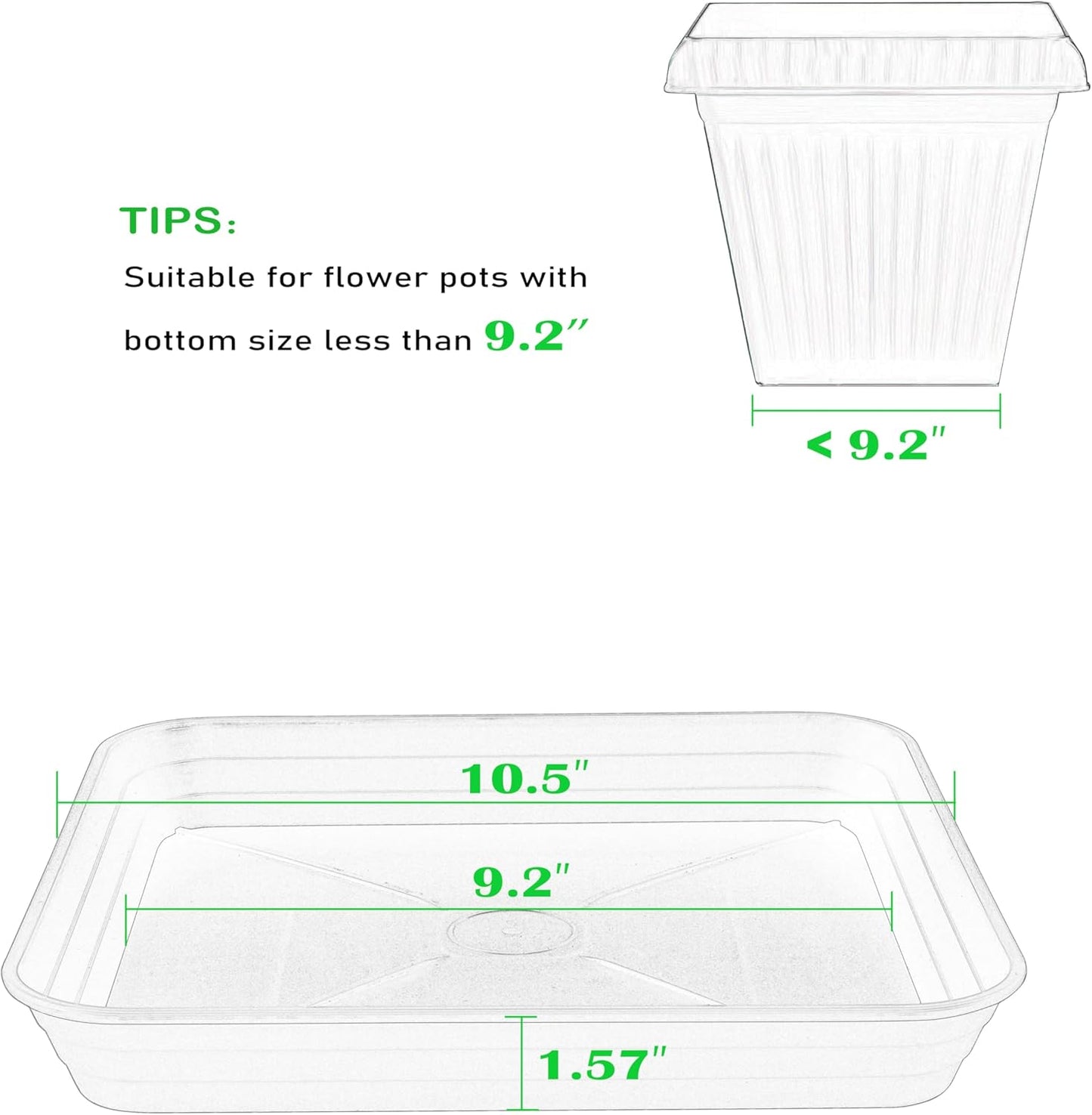 2 Pack Square Plant Saucer Tray 10 inch, 6 8 10 12 14 16 18 20 inch Heavy Duty Plastic Square Plant Saucers for Indoors Outdoor, Flower Planter Drip Trays for Pots, Seed Starting Tray