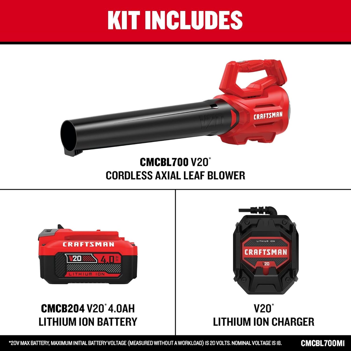 CRAFTSMAN V20 Cordless Axial Leaf Blower Kit with 4.0 Ah Battery and Charger (CMCBL700M1) (Renewed)