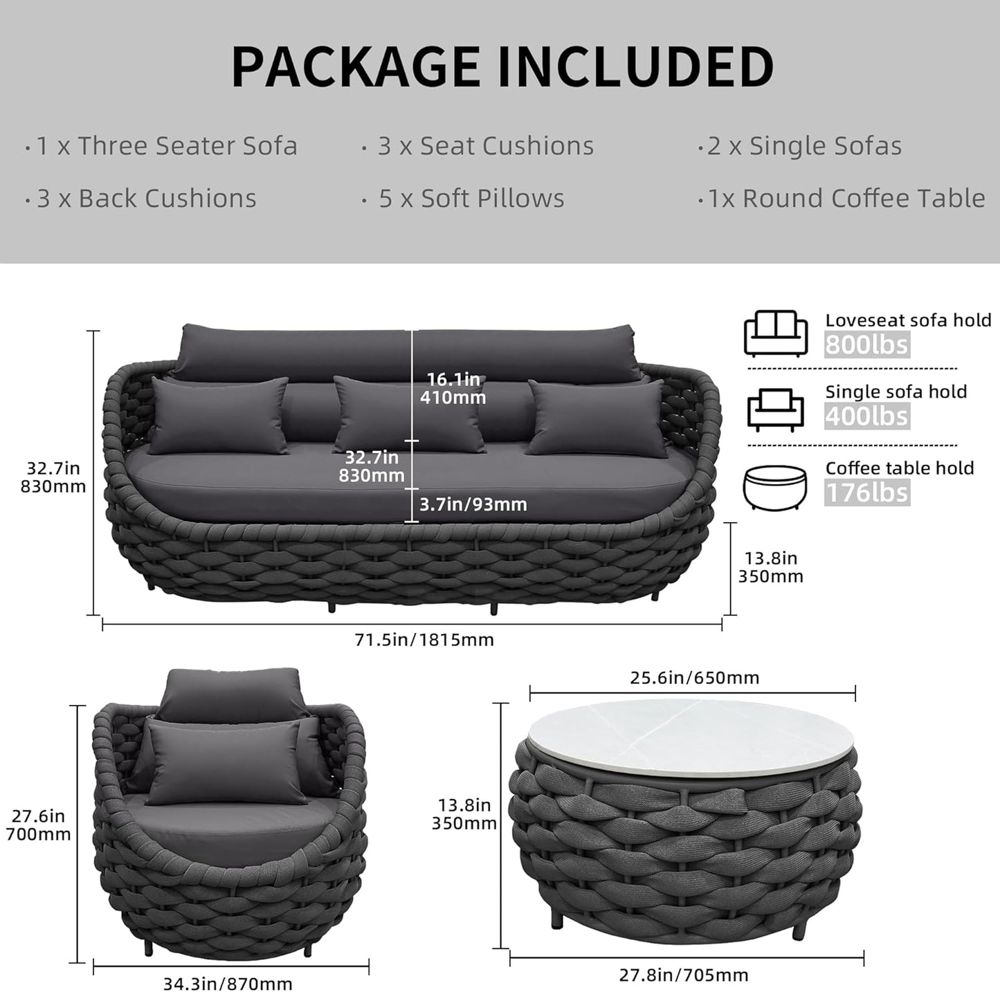 Aluminum Modern Patio Set Three Seater Sofa Outdoor Furniture Set w/Coffee Table,Patio Conversation Set with Hand Woven Teslin Rope for Bedroom Backyard Poolside, Dark Grey