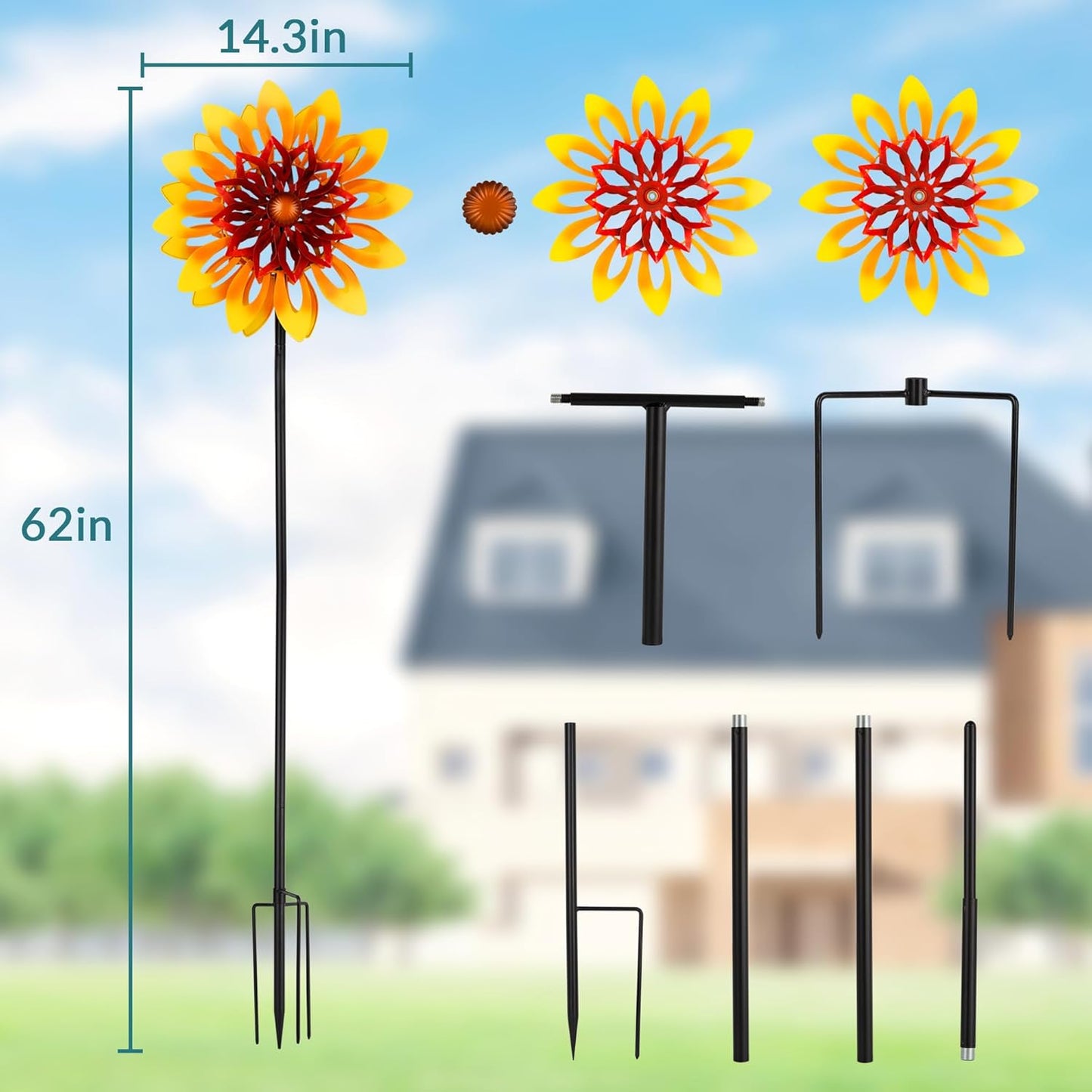 Sunflower Wind Spinners, 360 Degrees Swivel Metal Wind Sculptures, 62" Garden Pinwheels for Yard Lawn Patio Decor