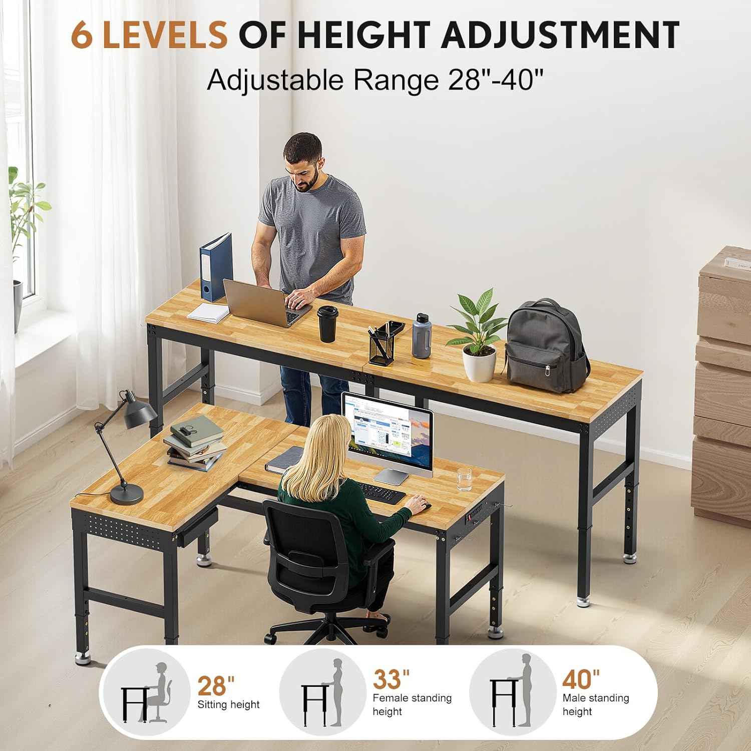 96”L-Shaped Heavy Duty Work Bench, Heights Adjustable Workbench, 5000 LBS Load Capacity, Work Benches for Garage with Power Outlet & Pegboard, Rubber Wood Work Table for Office, Workshop, Home