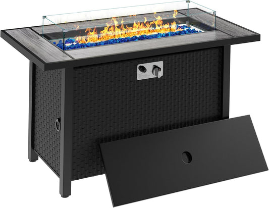 Meilocar 45in Fire Table, Propane Fire Pit with Glass Wind Guard and Rain Cover, Outdoor Firepit Table 50000 BTU 3-in-1 Fire Table for Patio/Yard/Balcony, Gray Tabletop