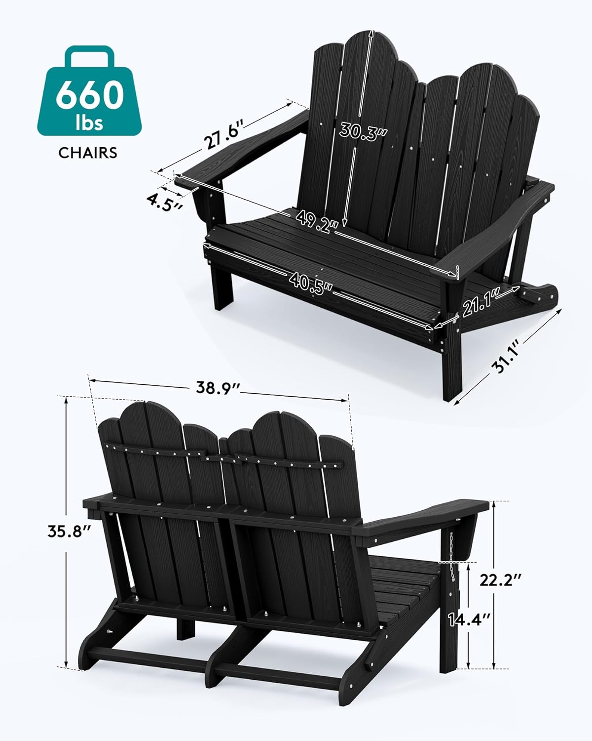 SERWALL Folding Adirondack Bench, HDPE All-Weather Adirondack Loveseat Set of 2, Black
