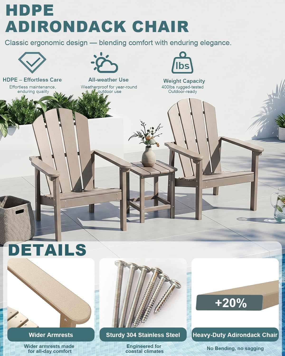 Adirondack Chair Set of 4, All Weather HDPE Fire Pit Chairs, Oversized Plastic Adirondack Chair for Outdoor, Balcony, Deck, Backyard, Patio, Garden, Poolside, Lawn Brown