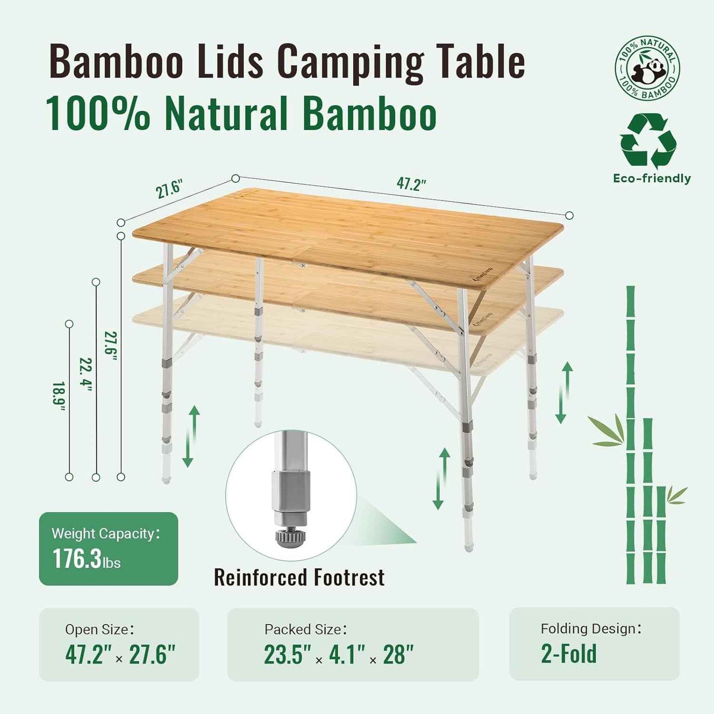 KingCamp Bamboo Folding Table, Camping Outdoor Portable Camp Table with Adjustable Height legs & Carry Bag for Outdoor RV Backyard Picnic Tailgating Beach