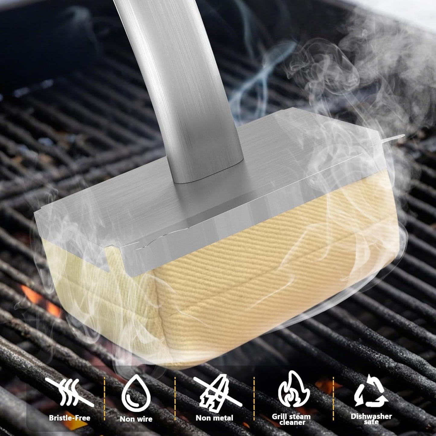 Grill Brush Bristle Free with Hanging Loop,BBQ Safe steam Grill Brush Non Metal bristles,Stainless Steel Cleaning Brush,Includes 2 Replaceable Heads Red - Lumora Garden