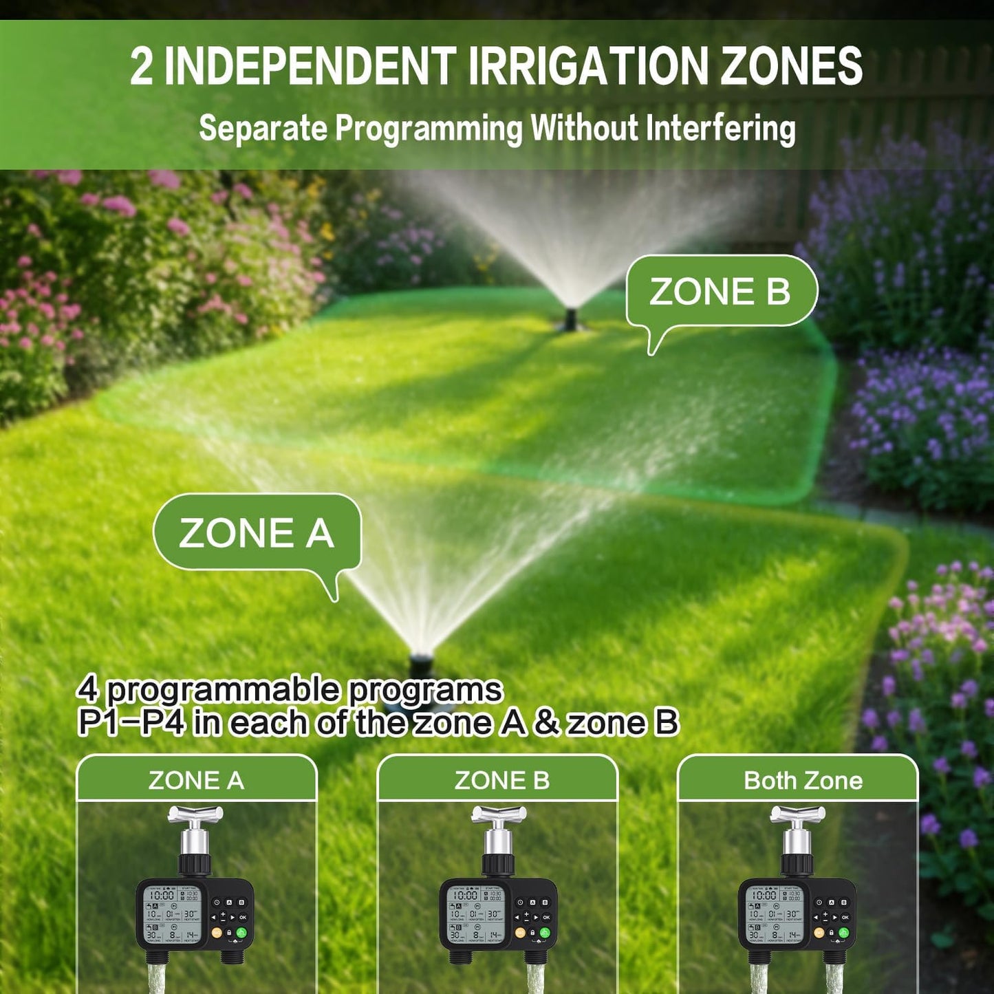Sprinkler Timer 2 Outlets, Programmable Water Hose Timer with Rain Delay/Manual/Automatic Watering System, Outdoor Digital Automatic Irrigation for Garden Yard Lawn with Large Display(Black)