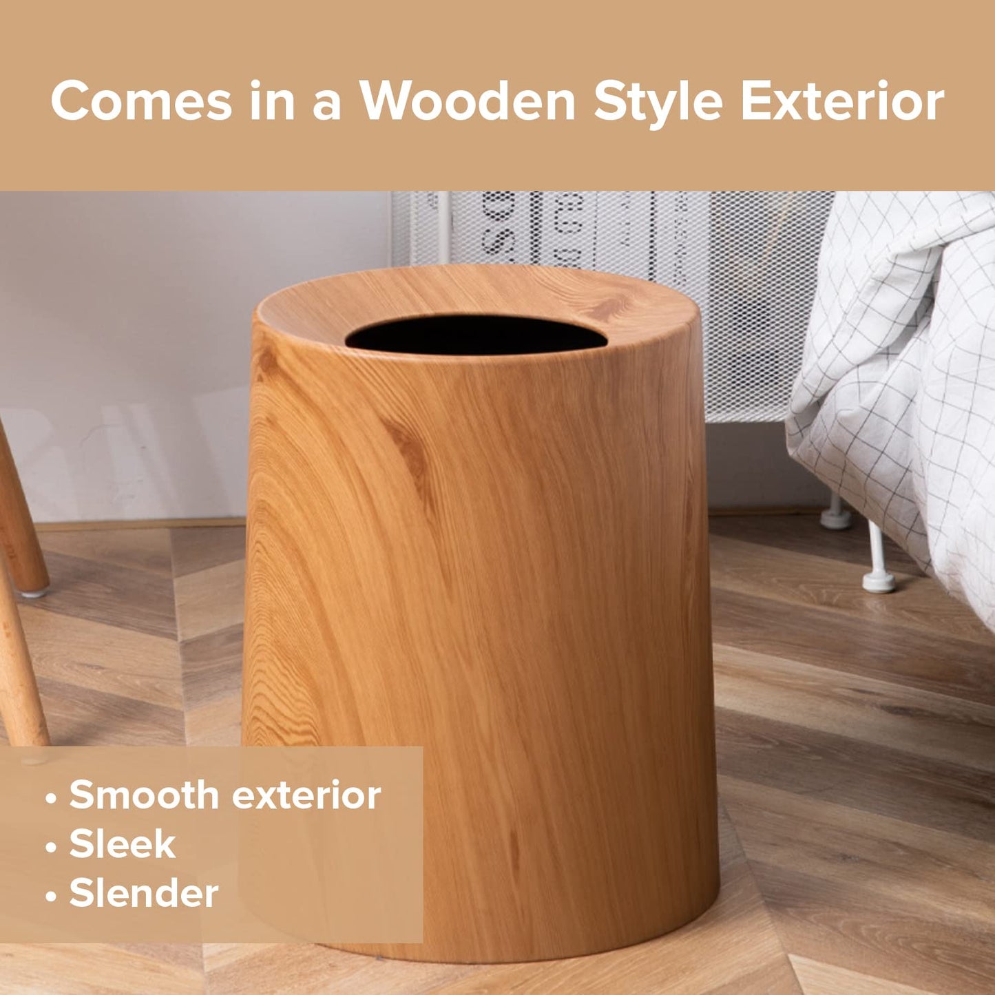 Anti Spill Nordic Wood Grain Look Waste Basket - Kids Pet Proof Garbage Container - Safer & Cleaner Indoor Outdoor Trash Can 3.2Gal - Patio Yard Entry Garbage Can - Round Modern Design 10"x10"x12"