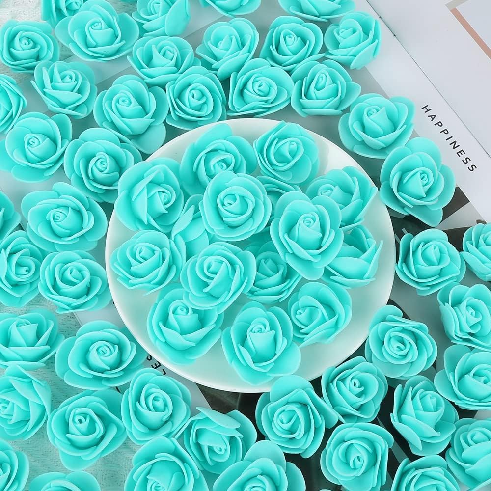 Mini Fake Rose Flower Heads 144pcs Mini Artificial Foam Roses DIY Wedding Flowers Accessories Make Bridal Hair Clips Headbands Dress (Bottom add Gauze) for Valentines Day,Wedding,Bridal Shower (Mint)