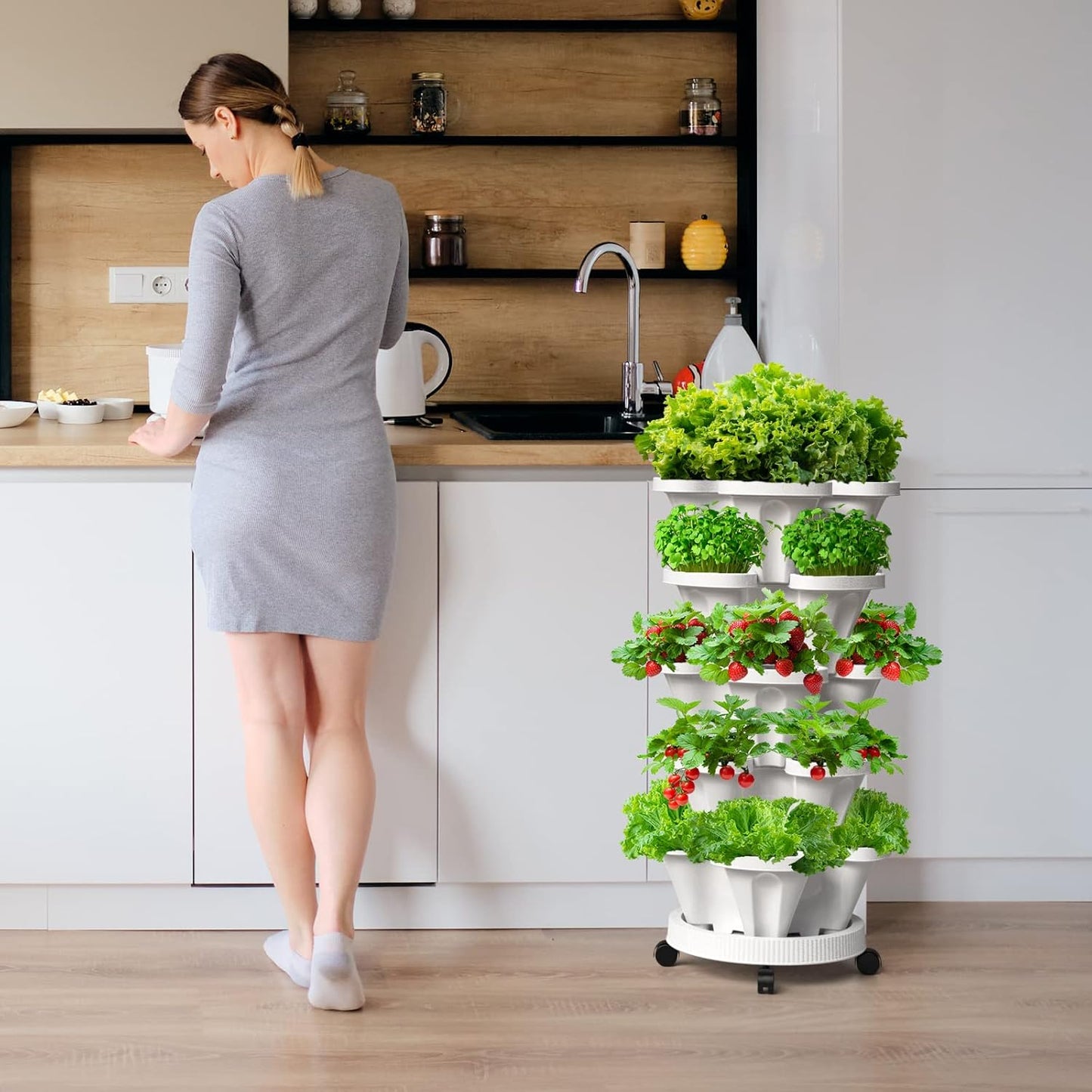 Strawberry Vertical Planter 2 Pack, 7 Tiered Stacking Garden Tower, Stackable Herb Vegetable Planters with Support Pole Indoor Outdoor Black