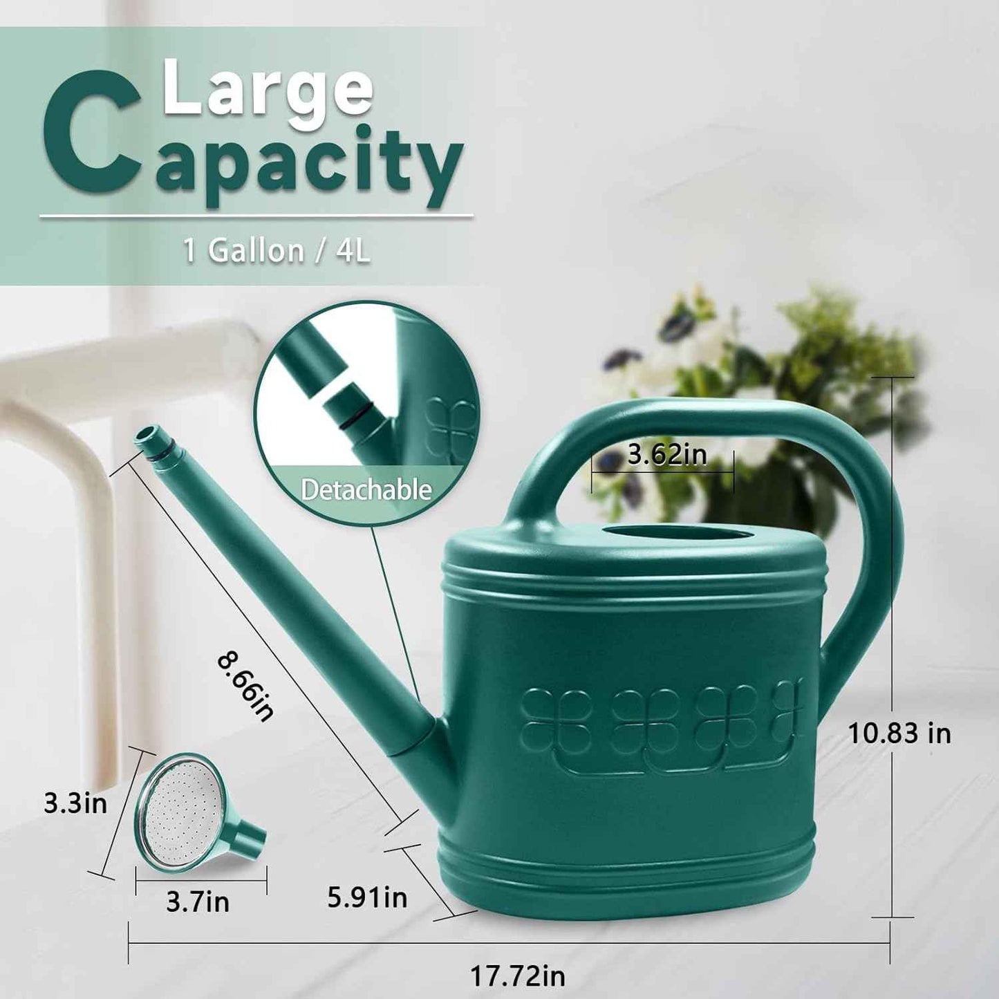 Watering Can for Indoor & Outdoor Plants, Plant Watering Can with Stainless Steel Shower Head, 1 Gallon Plastic Watering Can for Garden, Flowers, Vegetable, Greenhouse (Dark Green, 1 Gallon)