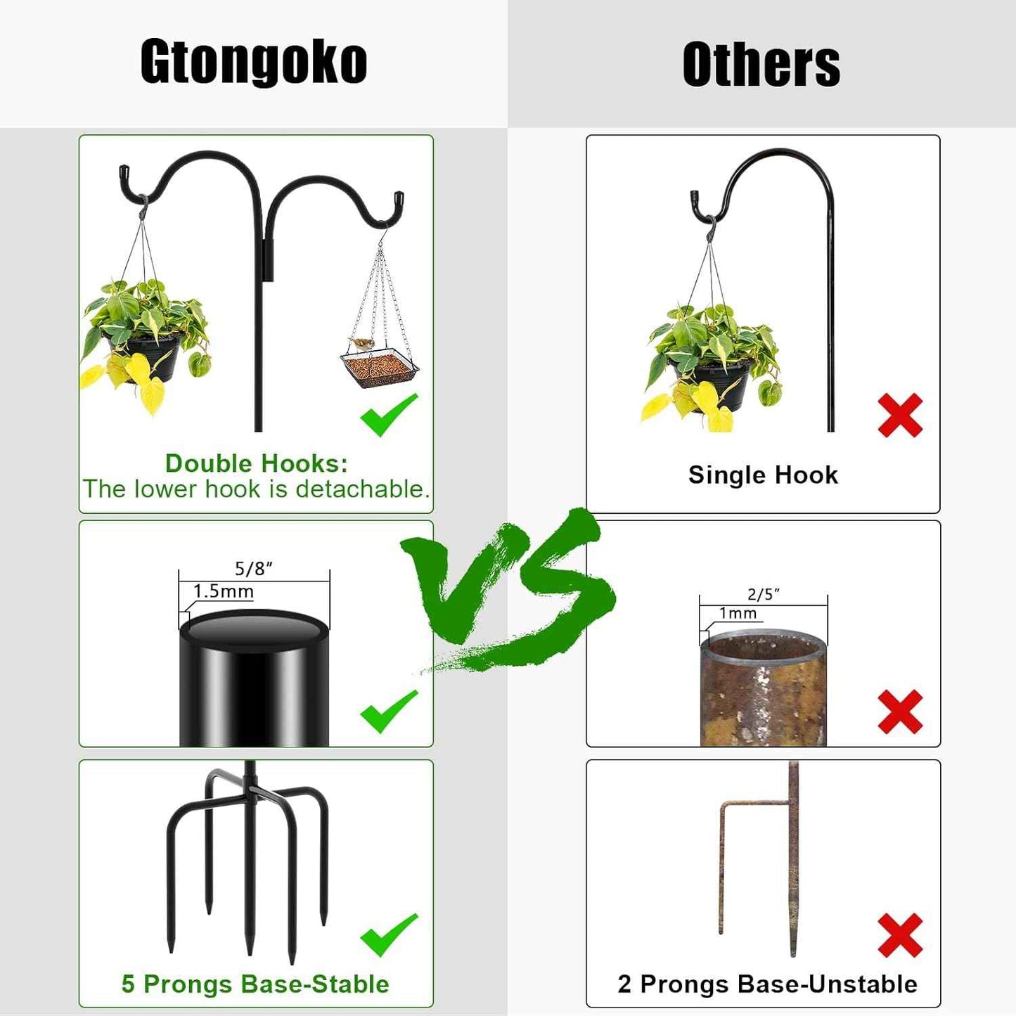 Gtongoko Double Shepherds Hook for Outdoor, 92 Inch Bird Feeder Pole with 5 Prongs Base, 5/8 Inch Thick Heavy Duty Adjustable Garden Hook for Hanging Plant, Lantern, Hummingbird Feeder, 1 Pack