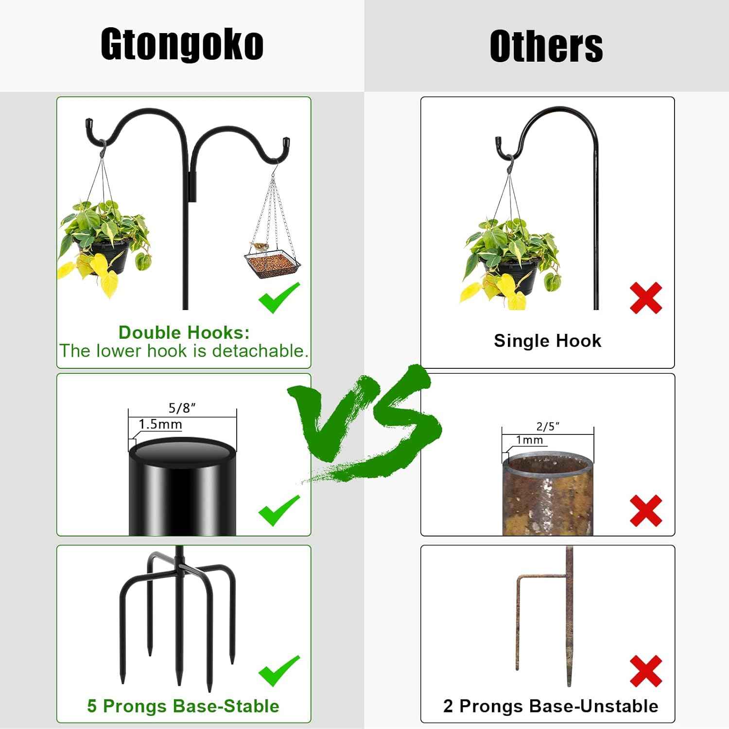 Gtongoko Double Shepherds Hook for Outdoor, 92 Inch Bird Feeder Pole with 5 Prongs Base, 5/8 Inch Thick Heavy Duty Adjustable Garden Hook for Hanging Plant, Lantern, Hummingbird Feeder, 1 Pack