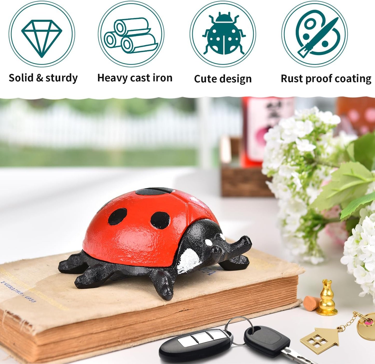 Sungmor Cast Iron Ladybug Key Hider, Hidden Key Holder for Indoor Outdoor, Hand Painted Garden Animal Statue Lawn Ornament, Decorative Jewelry Box Spare Key Hider for Shelf