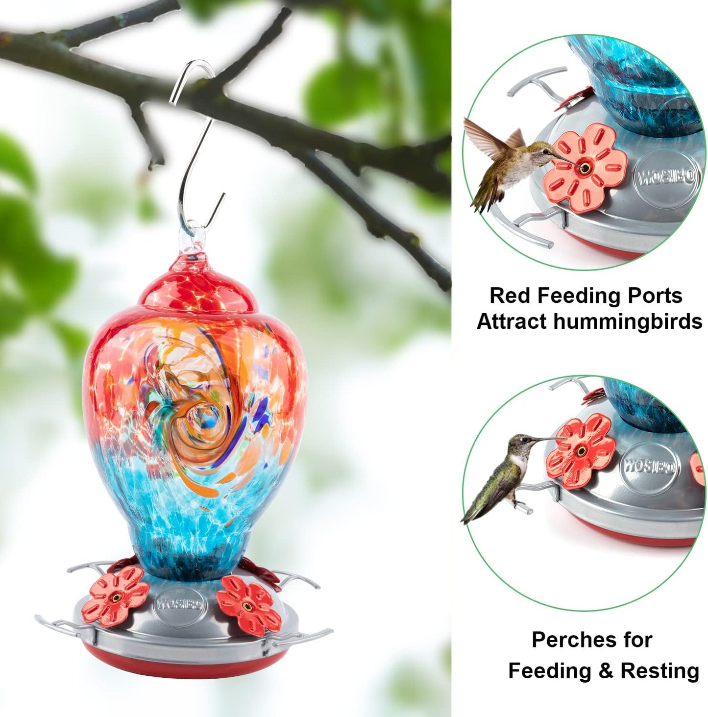 WOSIBO Hummingbird Feeder for Outdoors Patio Large 32 Ounces Colorful Hand Blown Glass Hummingbird Feeder with Ant Moat Hanging Hook, Rope, Brush and Service Card (Red-Blue)