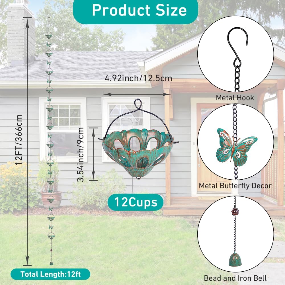 12FT Rain Chains for Outside, Metal Rain Chain with Butterfly Decor, Adjustable Rain Catcher Chain with Bell for Eaves Drainage, Replacement for Downspout (12 Cups)