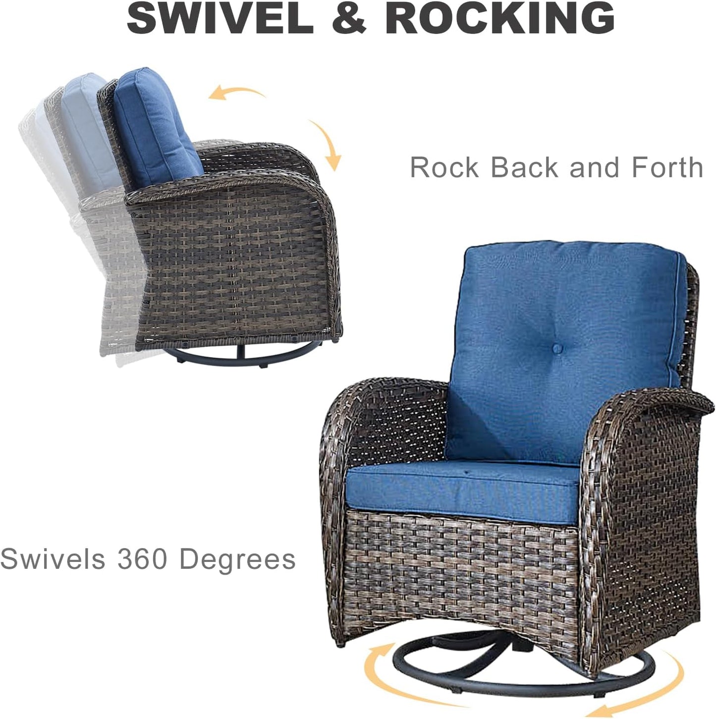 HUMMUH 5-Piece Patio Furniture Wicker Outdoor Conversation Set,All-Weather Rattan Swivel Chairs Bistro Set with Loveseat Coffee Table for Backyard,Poolside,Deck(Brown/Blue)
