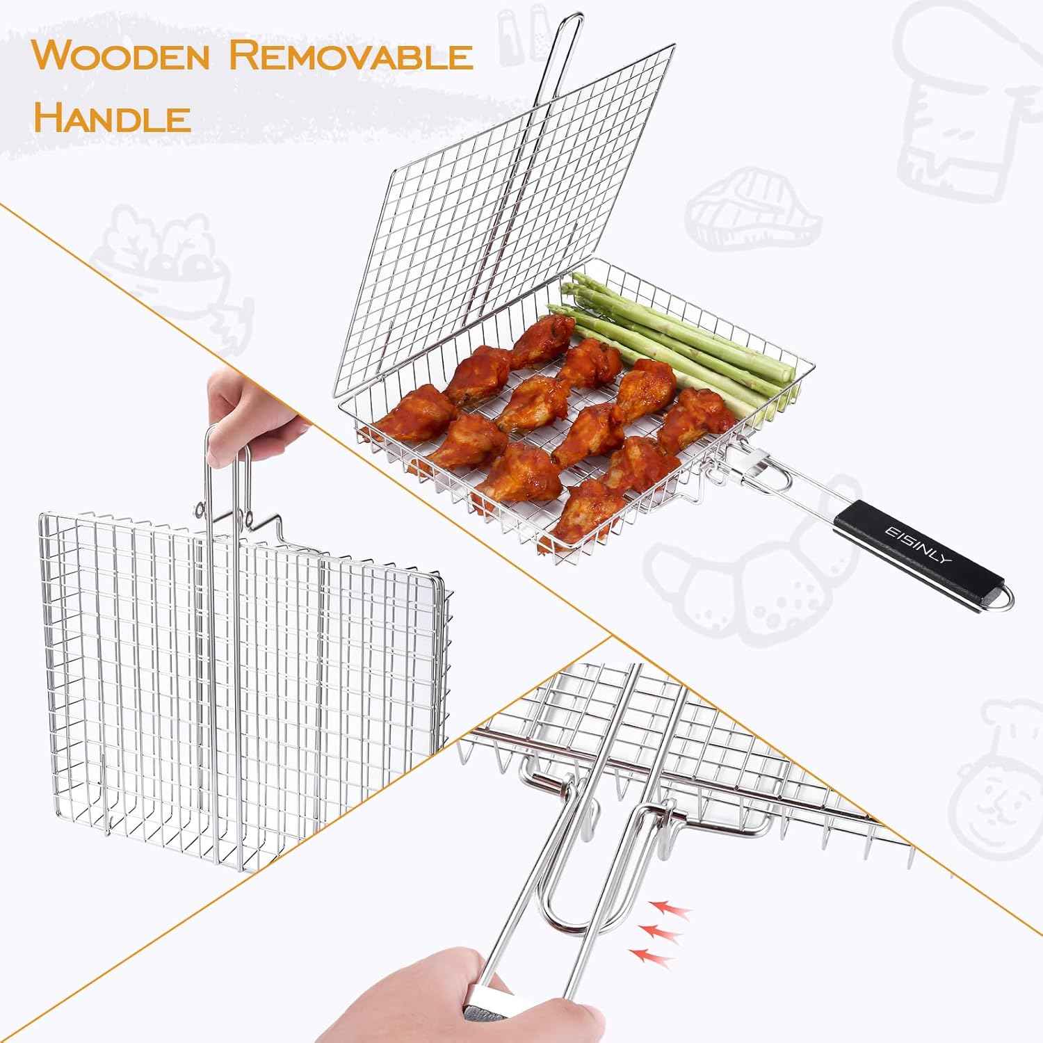 Portable Grill Basket, EISINLY BBQ Grilling Basket for Outdoor Grill with Removable Handle, Stainless Steel Camping Cooking Grill Accessories for Chicken Fish Vegetable