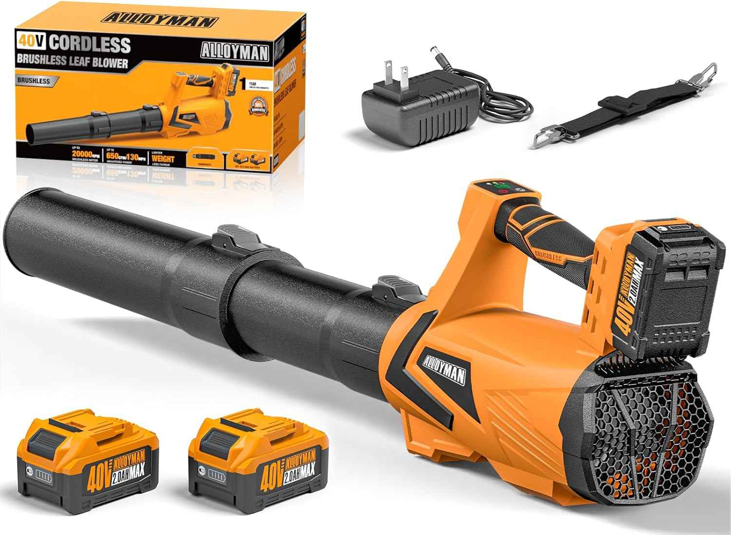 Alloyman Leaf Blower Cordless 40V, 650CFM Electric Leaf Blower with 2×2.0Ah Batteries and Charger, 3 Speed + Turbo Mode Battery Powered Blower for Lawn Care, Leaves, Dust, Snow, Brushless Motor