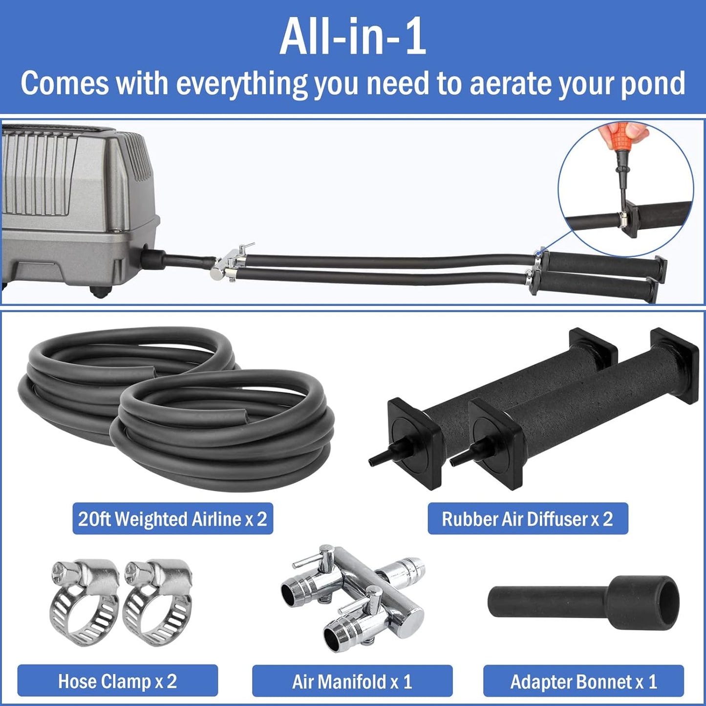 AquaMiracle All-in-One Koi Pond Aerator for Outdoor Ponds, Pond Air Pump Pond Aeration System with Self-Sinking Airline Flow Control Rubber Air Diffuser