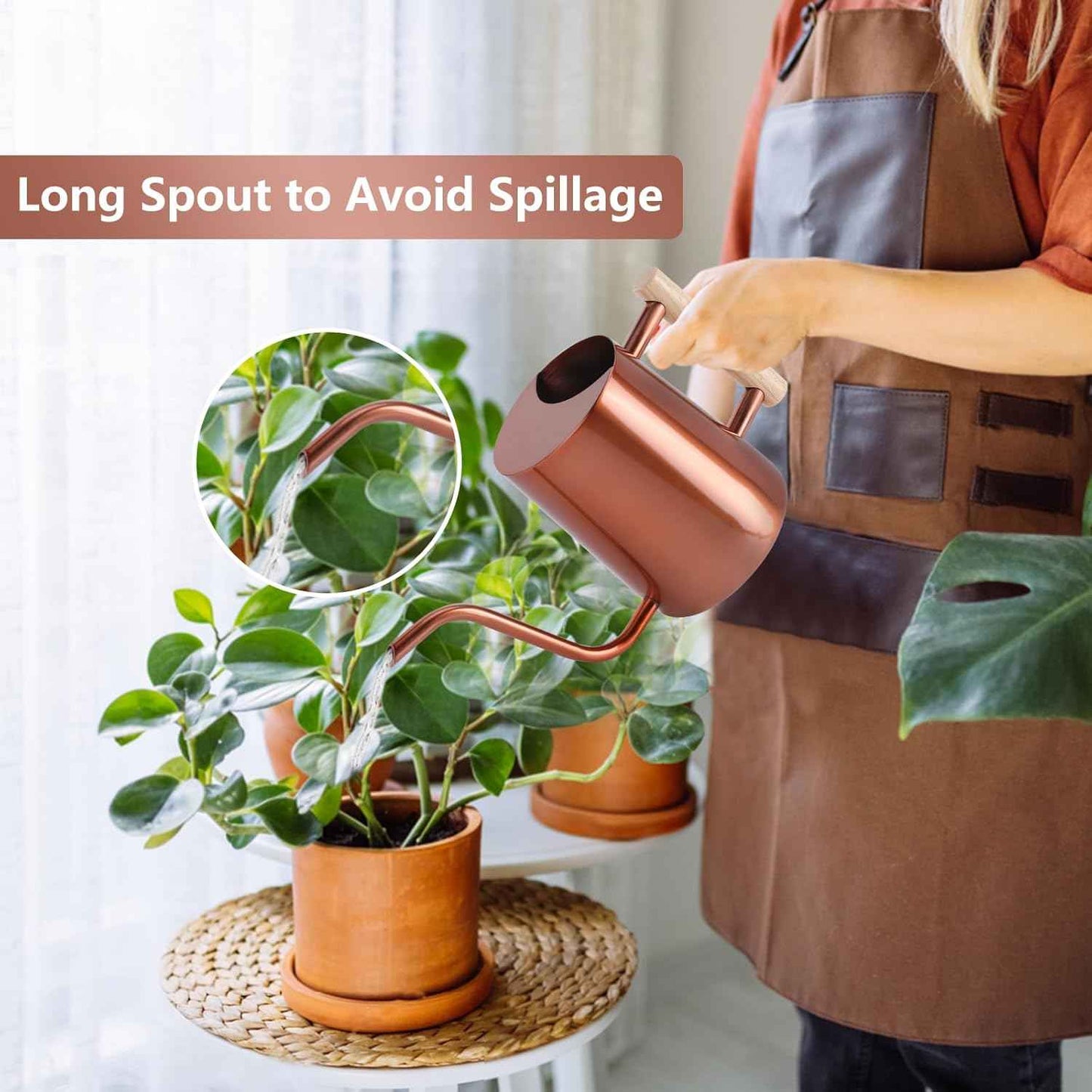 Watering Can Indoor Plants, 35oz Small Stainless Steel Metal Watering Can Modern Decorative Watering Pot with Long Spout for Indoor House Plant Bonsai Garden Flowers (Copper)