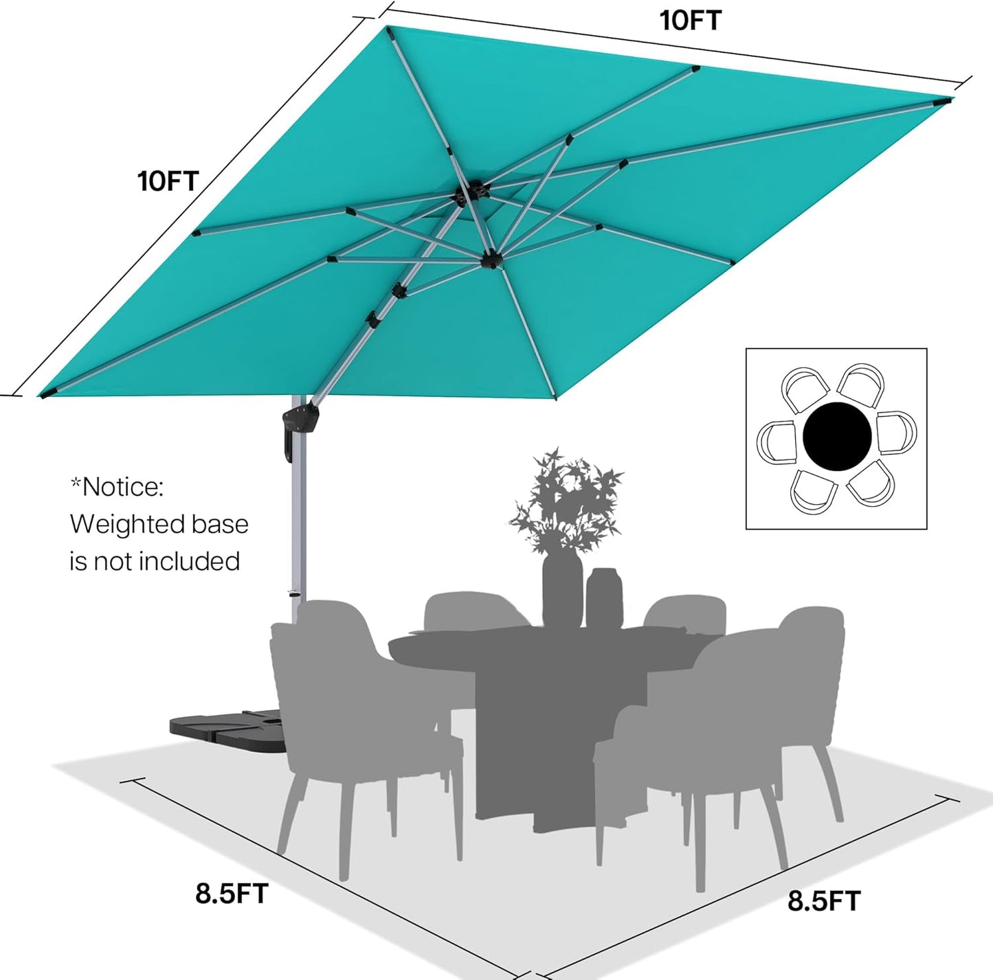 Patio Umbrella, 10FT Outdoor Cantilever Umbrella with 360-degree Rotation for Garden, Deck, Backyard, Pool and Beach, Turquiose