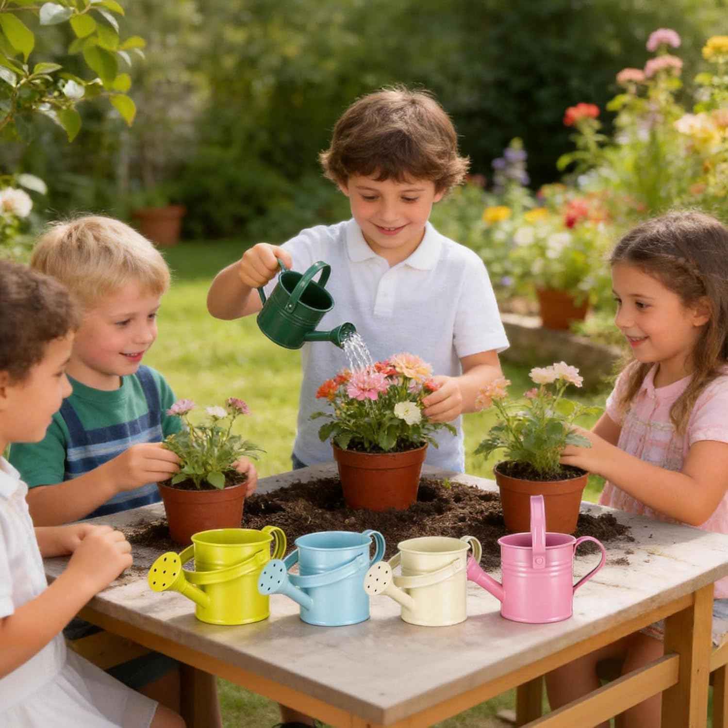 DOITOOL Kids Metal Watering Can for Gardening, 5Pcs Small Iron Watering Can Garden Watering Bucket for Gardening Plants Flowers (Mixed Color)