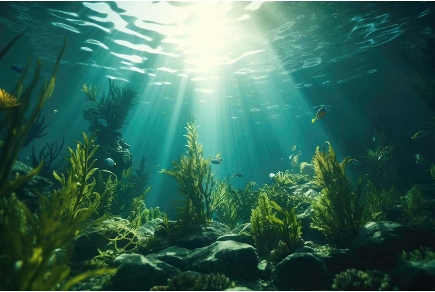 Ocean Aquarium Background Aquatic Plants with Rocks Terrarium Backdrop Sunlight Rays Deep Sea Fish Tank Background Aquarium Wallpaper Poster Decor Vinyl 48x20in