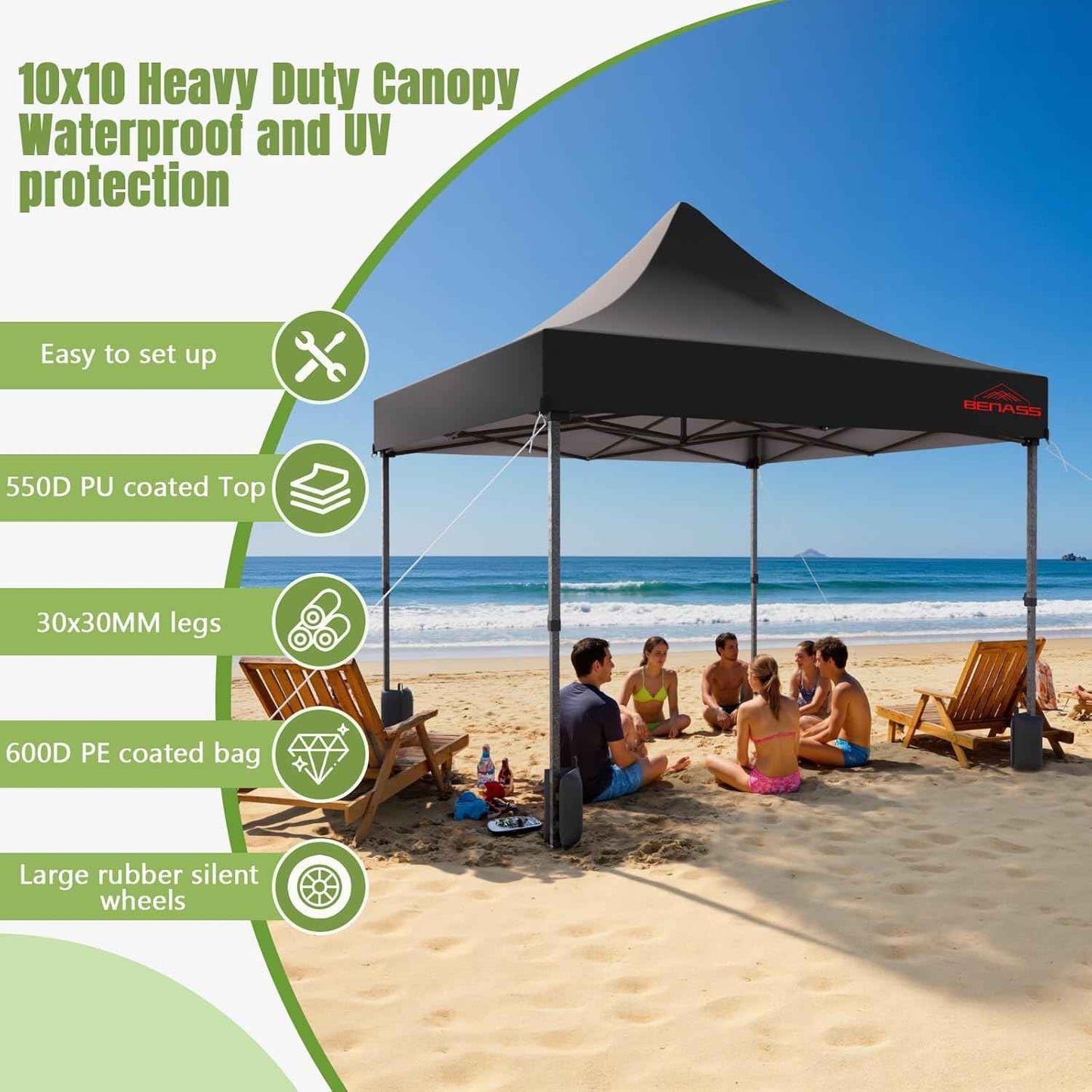 10x10 Heavy Duty Pop Up Canopy with 4 Sidewalls, 550D Commercial Easy Up Canopy Tent, Waterproof Outdoor Party Event Tent with Roller Bag, Black