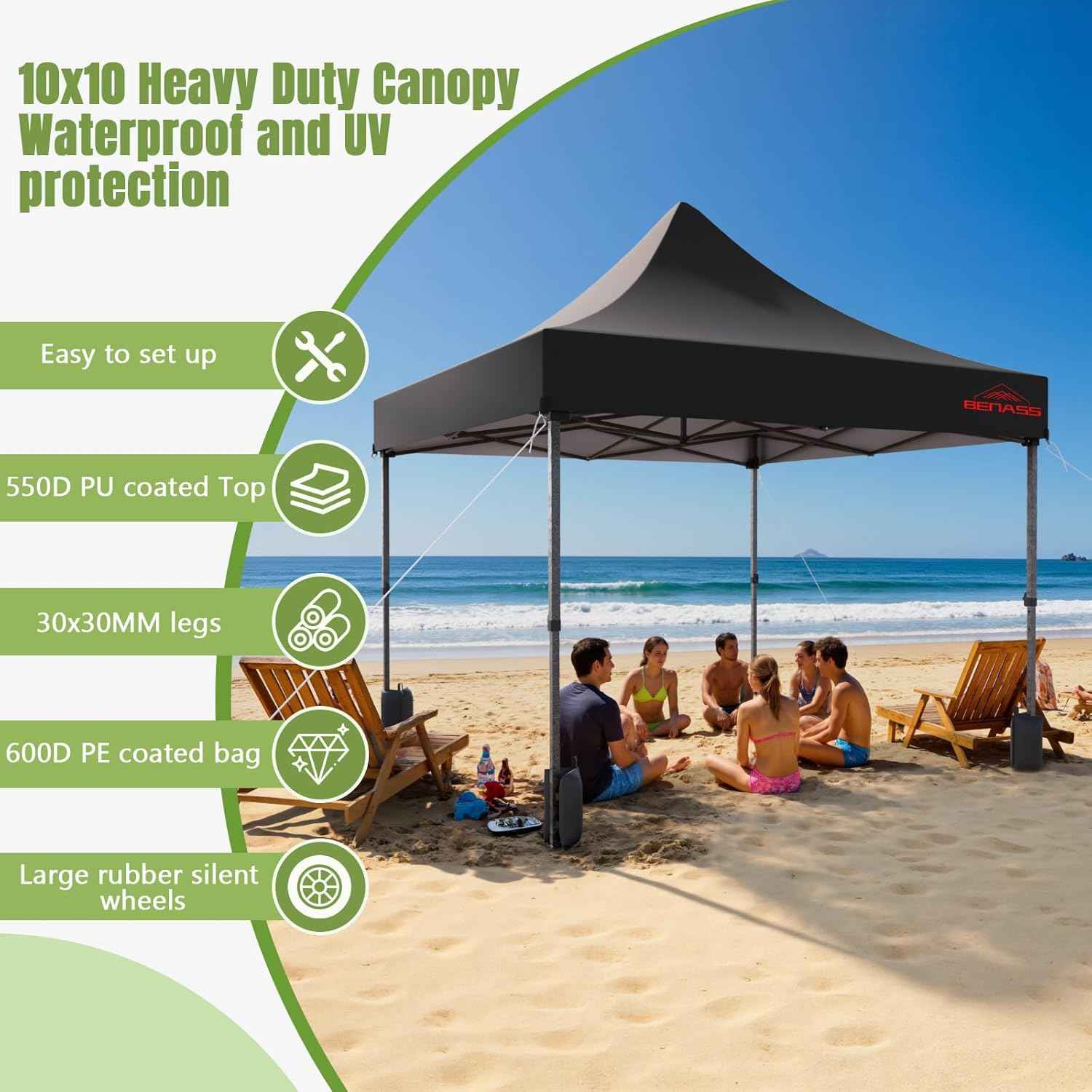 10x10 Heavy Duty Pop Up Canopy with 4 Sidewalls, 550D Commercial Easy Up Canopy Tent, Waterproof Outdoor Party Event Tent with Roller Bag, Black