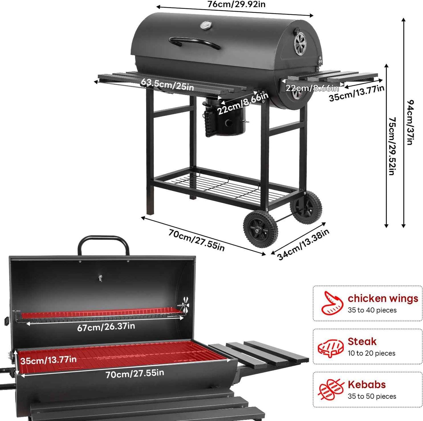 Charcoal Grill Barrel: Charcoal Grill with Rack - Outdoor BBQ Grill for Camping, Picnic, Courtyard, Party (Large)