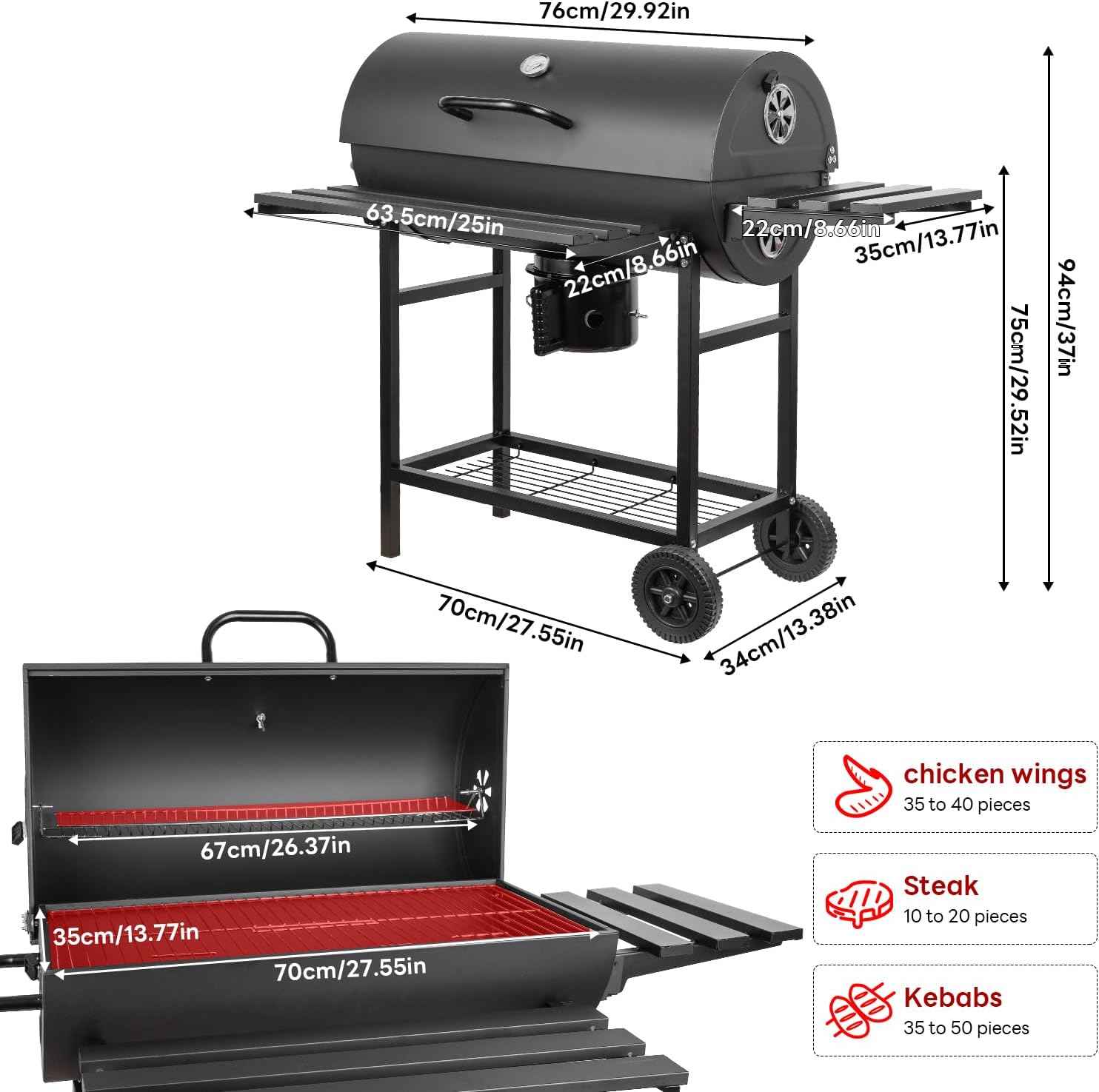 Charcoal Grill Barrel: Charcoal Grill with Rack - Outdoor BBQ Grill for Camping, Picnic, Courtyard, Party (Large)