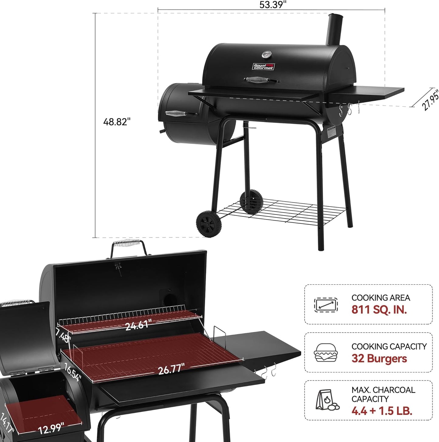Royal Gourmet CC1830SC Charcoal Grill Offset Smoker with Cover, 811 Square Inches, Black, Outdoor Camping