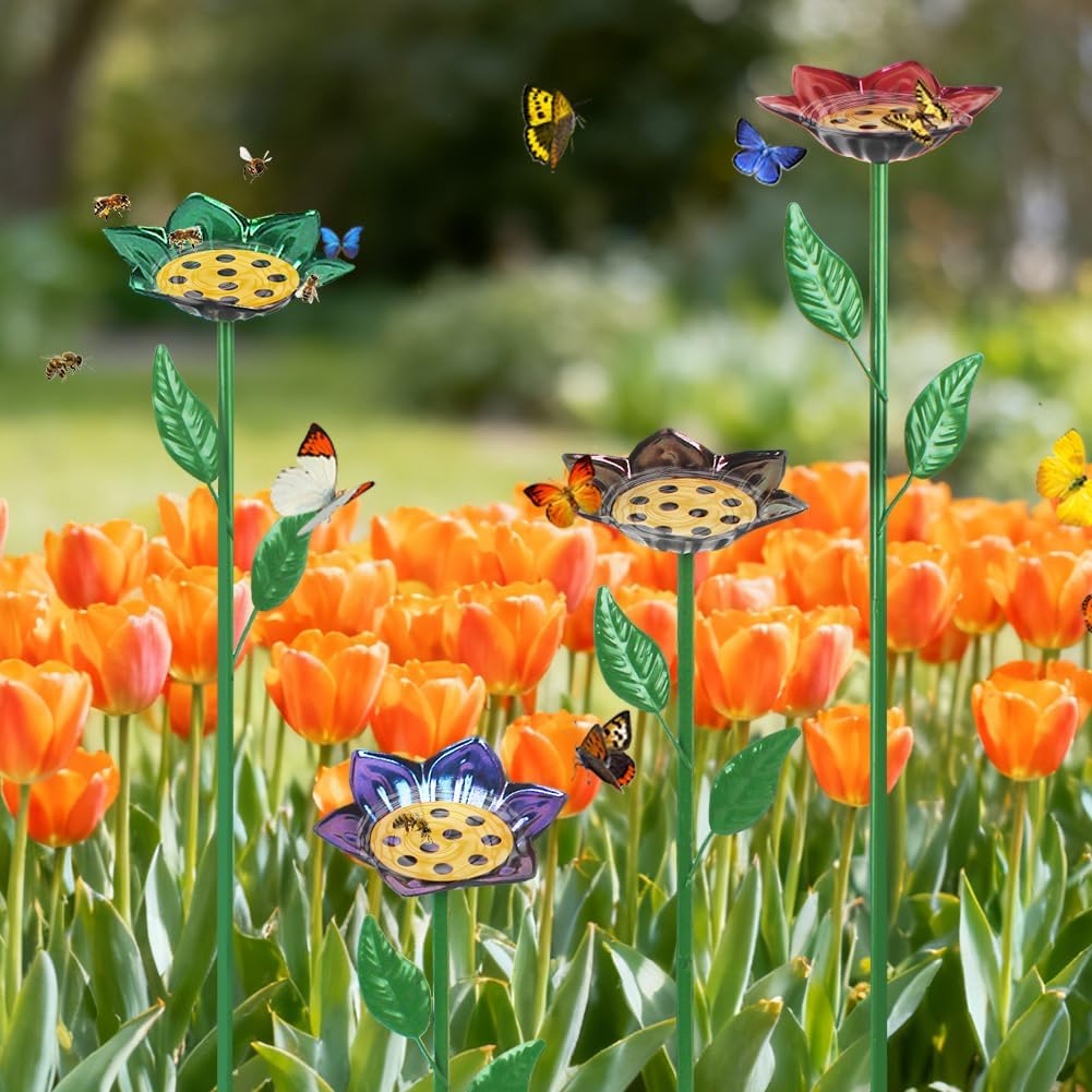 dreamysoul 4 Pack Bee Watering Station, Decorative Metal Bee Bath with Colorful Flower Design for Garden Yard Decor