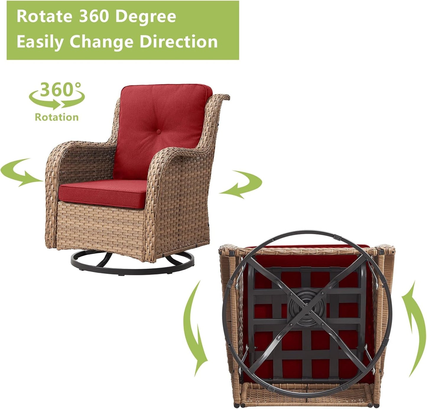 Outdoor Wicker Patio Furniture Set - 6 Piece Rattan Patio Conversation Set with 2 Rocking Swivel Chairs,2 Ottomans,1 Loveseat and 1 Coffee Table for Porch Deck Backyard Garden(Yellow/Red)