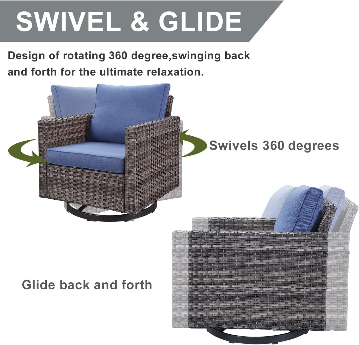 HUMMUH Patio Furniture Set with Fire Pit Table 41 in 55,000 BTU,5 Piece Wicker Outdoor Conversation Sets -Sturdy Outdoor Swivel Rocker Chairs Patio Sofa for Porch,Garden,Backyard
