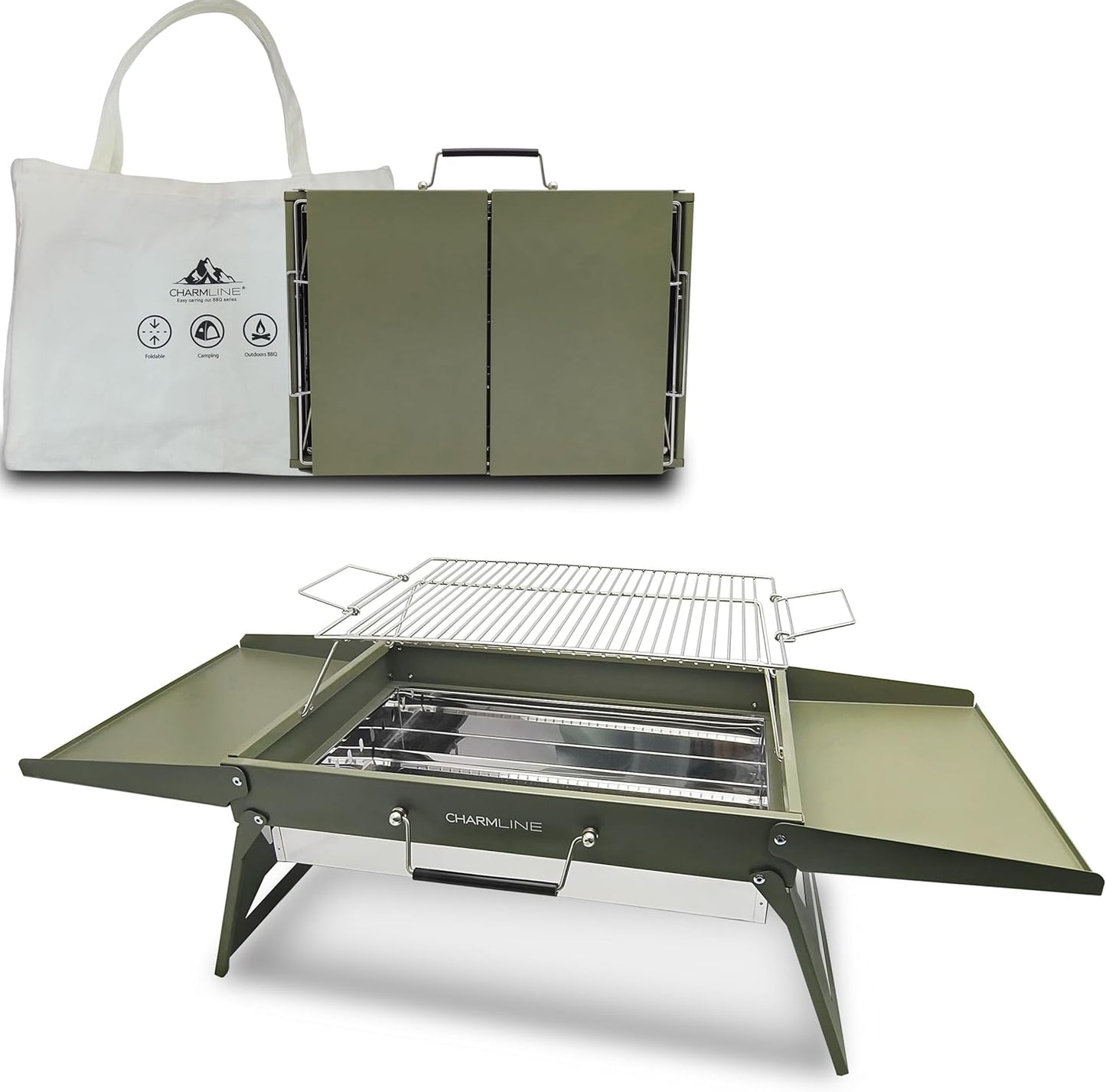 Charmline 20x14inch Big Desktop Charcoal Grill, Liftable Grilling Net, Saving Space Grill for Indoor and Outdoor, BBQ Grill for Camping, Gardens, Picnics, Beach Parties, Green, Max