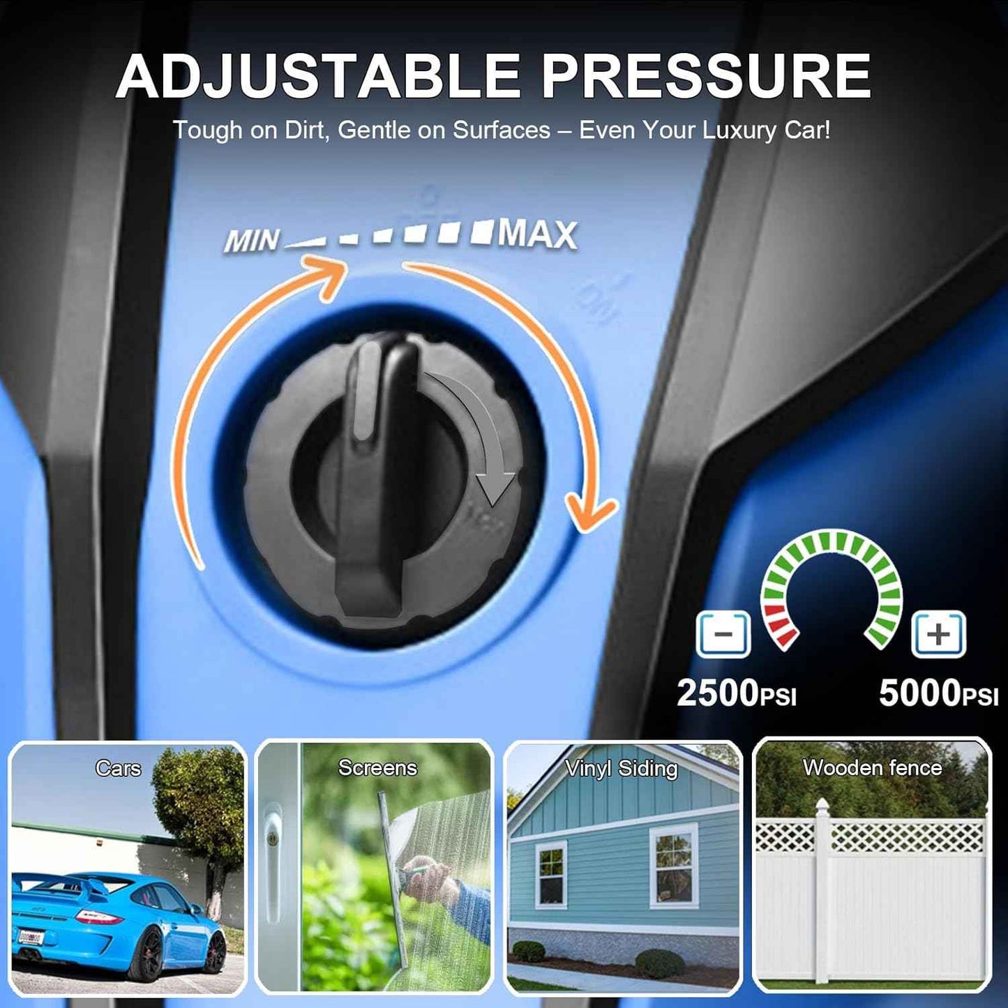 Pressure Washer 5000 PSI Adjustable Pressure, Power Cleaners Powered with 33ft Pressure Hose, 4 Nozzles and 500ml Foam Cannon, Cleaner Machine for Home, Car, Blue