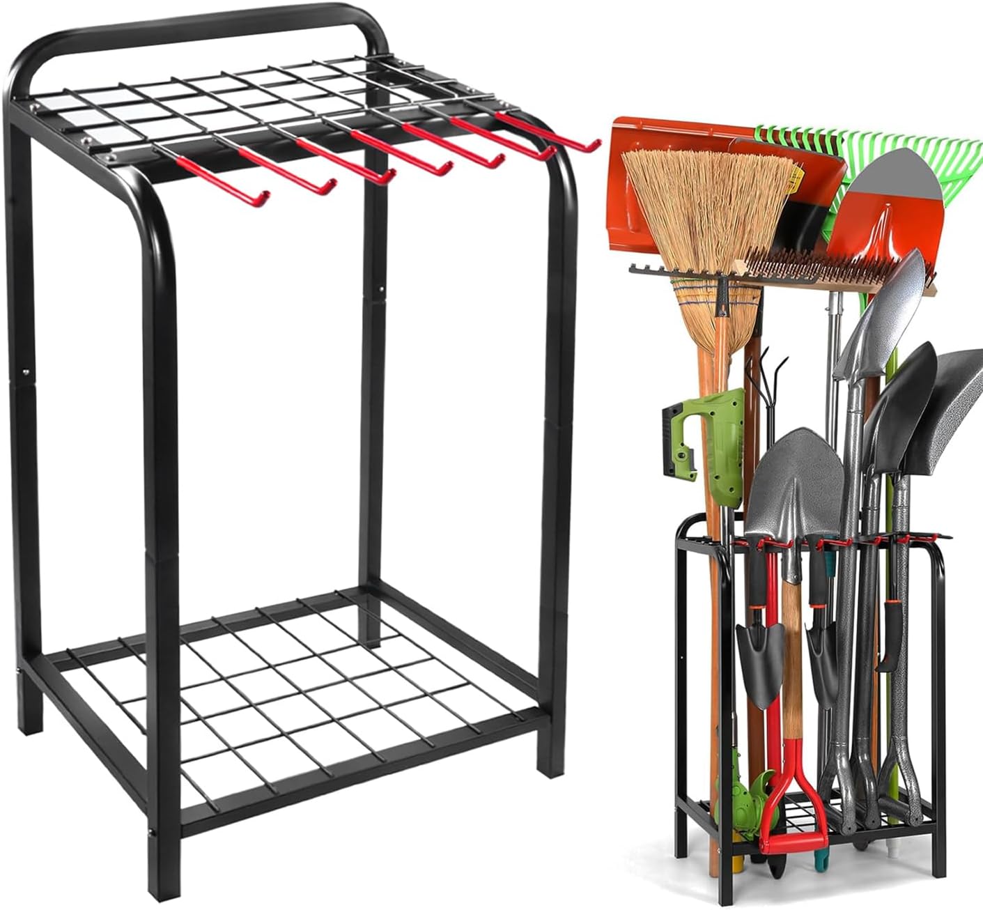 Trieez Garden Tool Organizer for Garage, Yard Tool Organizer with Hooks for Garage Organization and Storage - Sturdy Yard Tool Holder, Tool Rack for Shed, Outdoor, Tool Stand