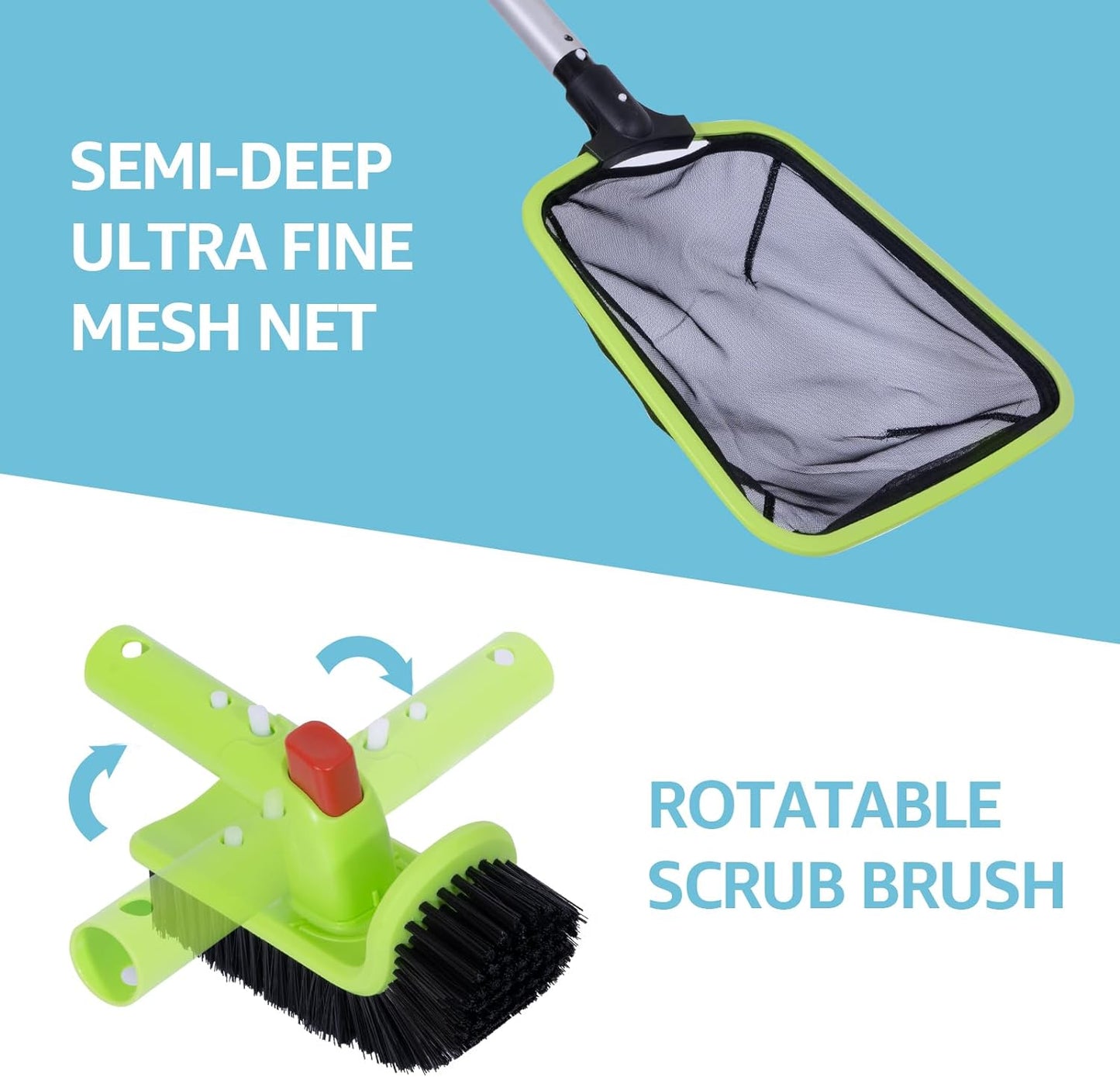 Sepetrel Deluxe Swimming Pool Cleaning Kit Including Professional Leaf Skimmer Net,Half-Depth Fine Mesh Net,17.5" Pool Brush Head & Hand Scrub Brush(NO Pole)