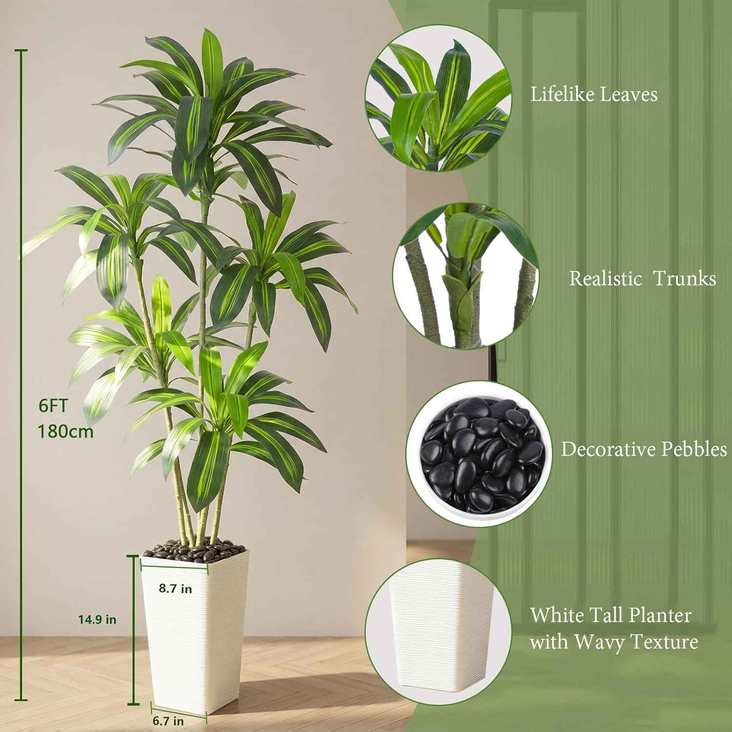 Artificial Dracaena Tree, 6FT Artificial Plants Indoor with White Tall Planter, Faux Yucca Silk Tree Fake Tropical Floor Plant in Pot, Fake Plants for Home House Room Office Entryway Porch Decor