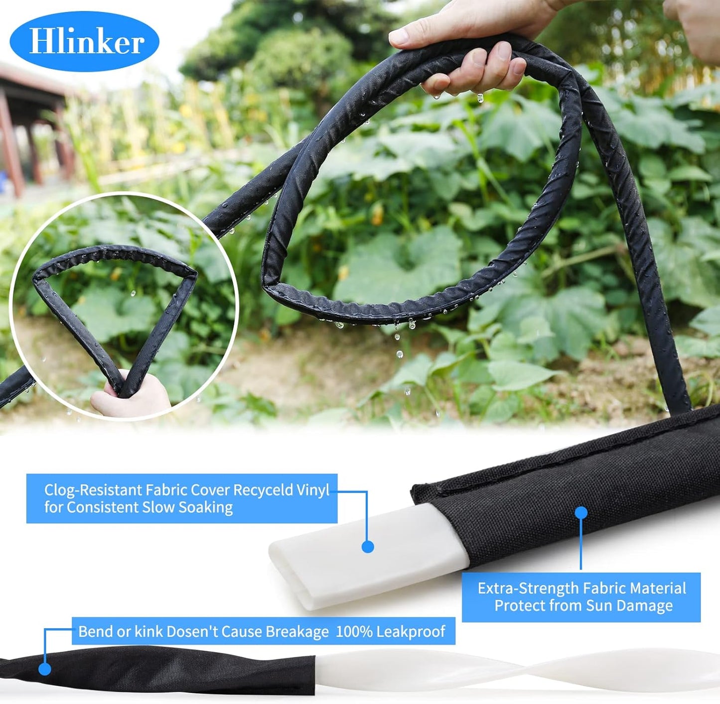 Hlinker Flat Soaker Hose 50 FT for Garden Beds, 50Ft 1/2" Linkable Consistent Drip Irrigation Hose Save 80% Water, Leakproof Heavy Duty Double Layer Sprinkler Hose