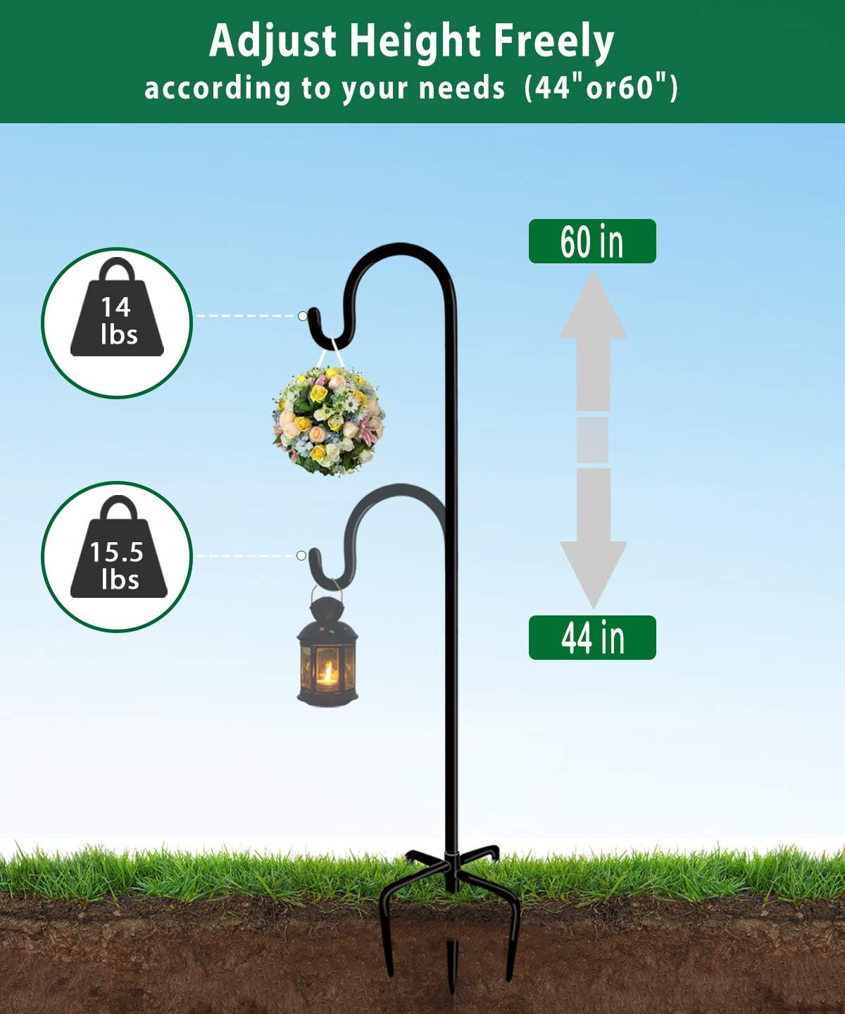 Artibear Adjustable Outdoor Shepherd Hook Stand with 5 Prong Base, 60 Inches Tall 3/5 in Thick, Shiny Black (1 Packs)