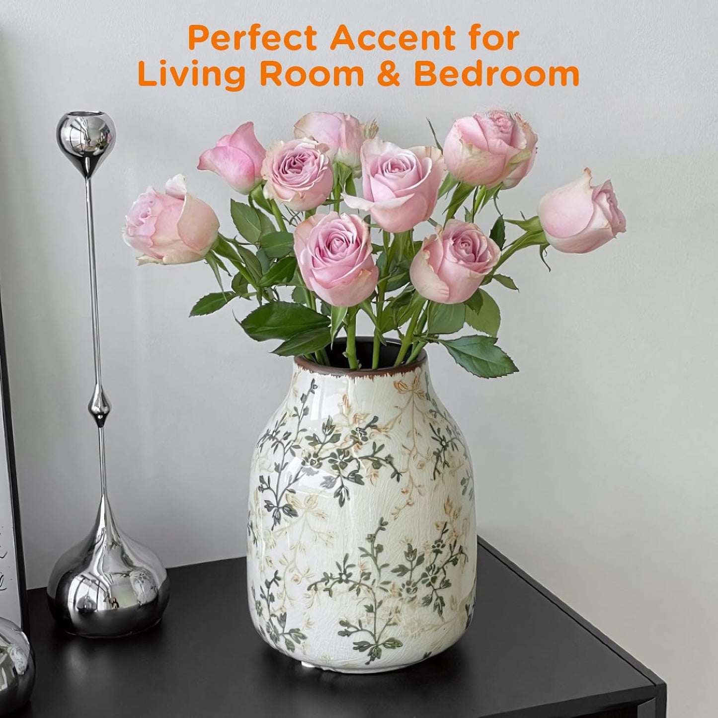 Rustic Vintage Ceramic Vase, 7.8 inch Beige and Green Decorative Vase, Aesthetic Farmhouse Pottery Vase for Home Decor, Living & Dining Room, Bookshelf, Office, TV Stand Table Decor