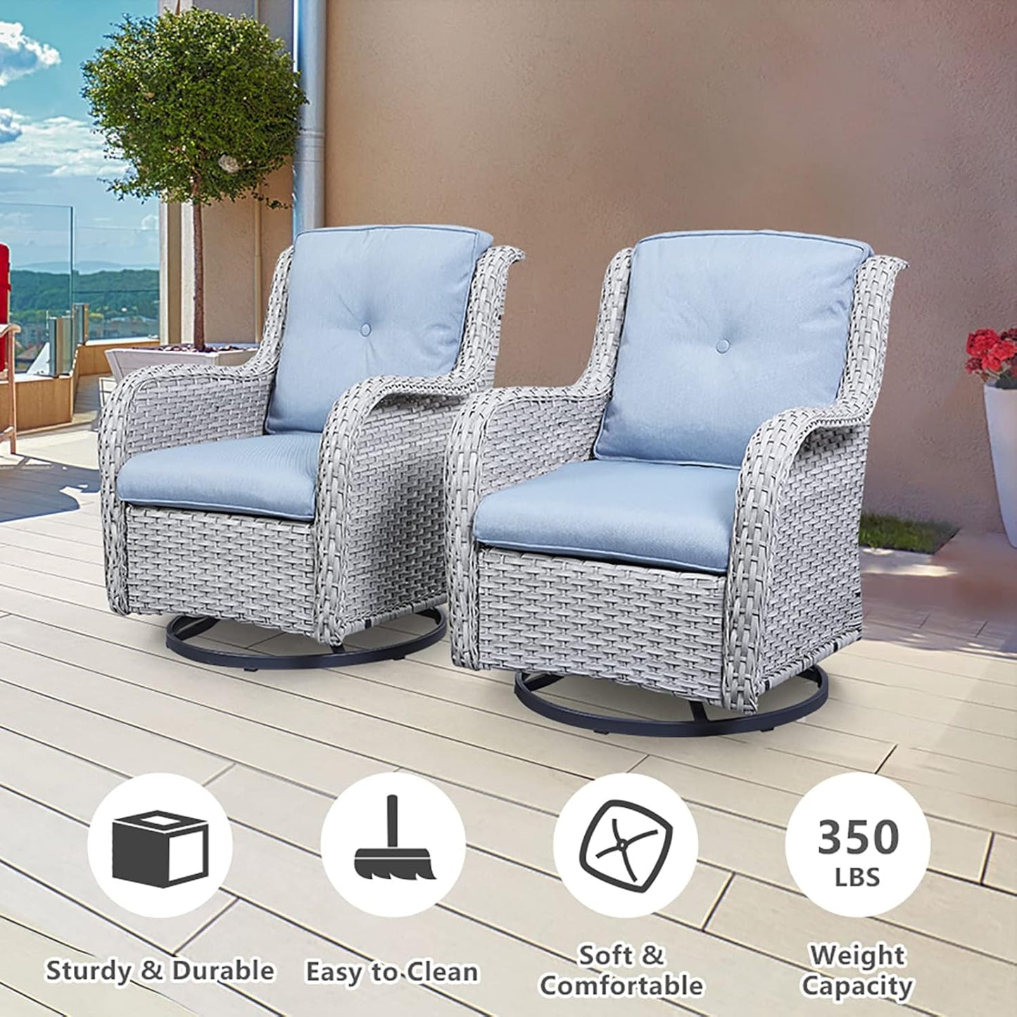 5 Piece Outdoor Patio Furniture Set - Wicker Furniture Patio Conversation Set, Outdoor Swivel Rocker Chairs with 3-Seater Sofa and 2 Ottomans for Small Space, Baby Blue Cushion