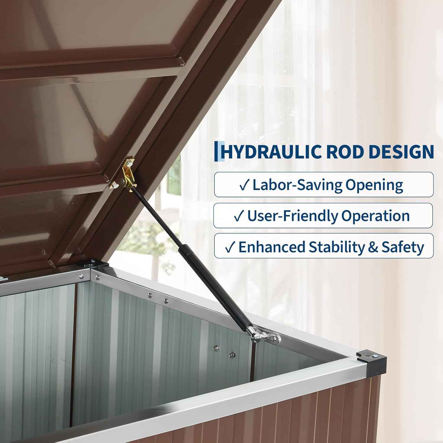 160 Gallon Deck Box Outdoor Storage, Metal Patio Storage Box with Lockable Lid, Hydraulic Rod, Wheels & Side Handles, Waterproof UV-Resistant, Brown, 53.1" x 27.8" x 29.9"