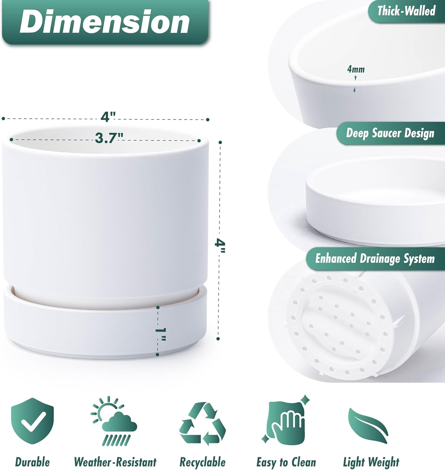 Phoenix Vine 4 Inch Planter Pot with Drainage Hole & Saucer, Deep Water Catch Tray, Straight Cylindrical Round Pot for Plants, Matte White, Pack of 1, 23-B-R-1