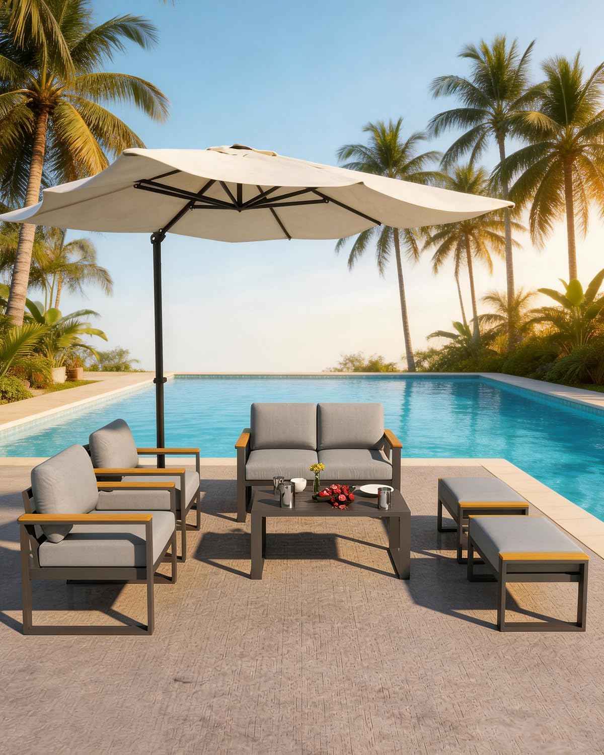 Modern Aluminum Patio Loveseat and Coffee Table Set - All-Weather Outdoor Furniture - Washable Thick Cushions - Rust Resistant, Easy Assembly - Comfortable for Balcony, Garden, Deck, Backyard - Gray