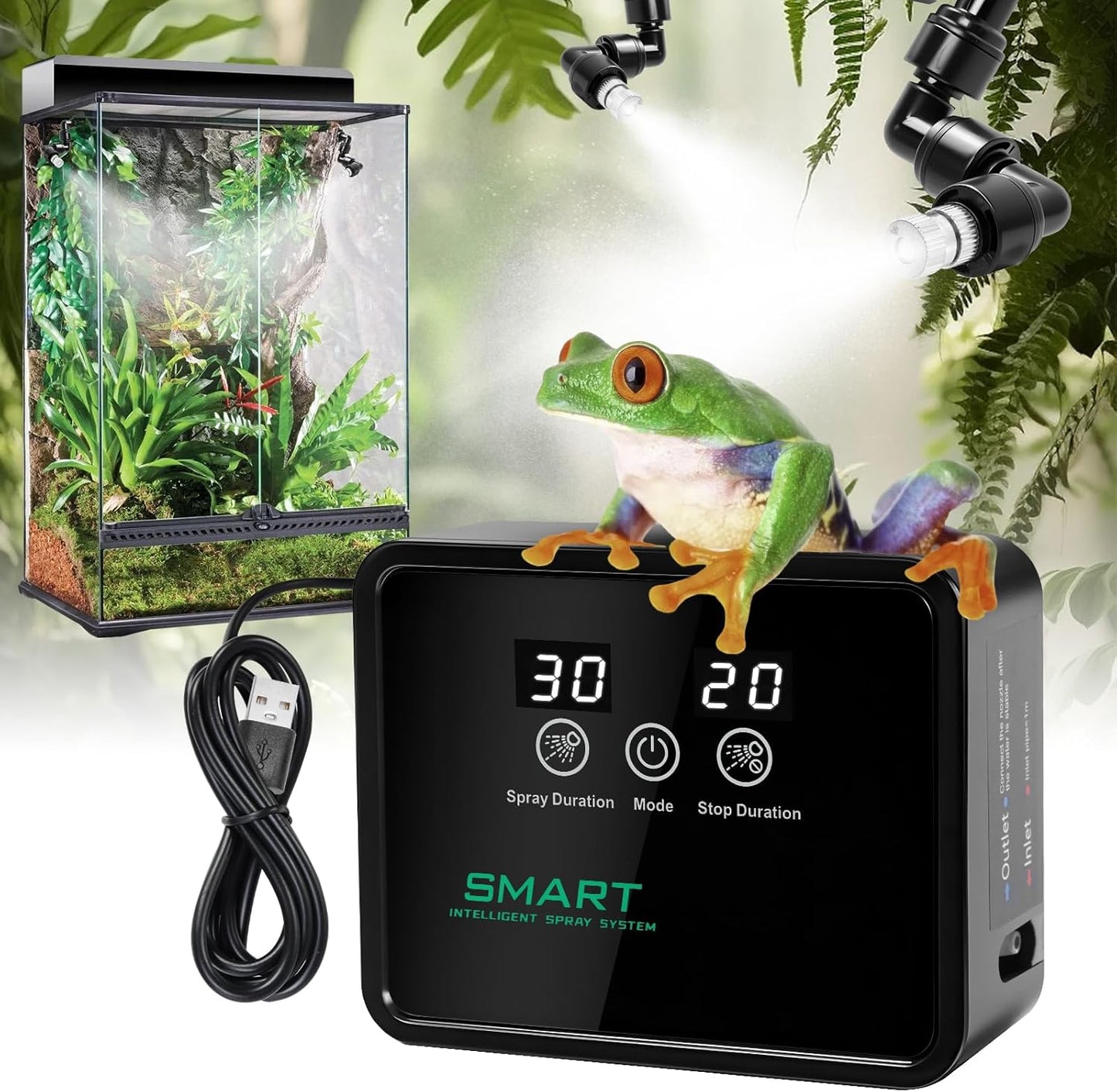 Reptile Humidifier Reptile Mister System with Timer & 360° Nozzles, Chameleons, Snakes, Frogs Misting for Terrarium, Auto Misting for Terrariums, Adjustable Nozzles & Quiet Operation