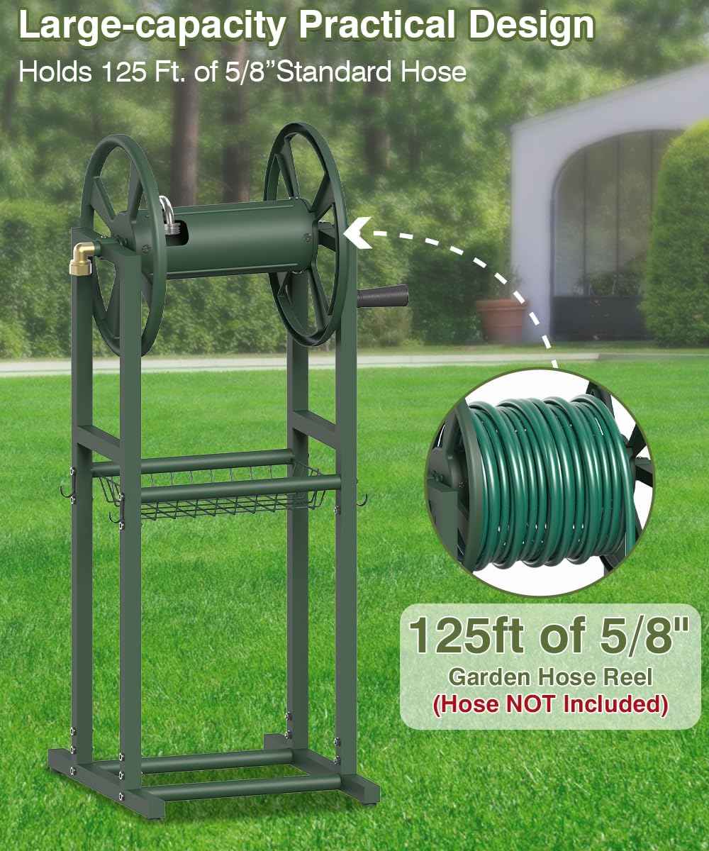 Freestanding Garden Hose Reel holds 125ft Hose of 5/8" with 4 Hooks, 4-Spike Outdoor Hose Holder with 3.9ft Leader Hose & Brass Fitting, Detachable Metal Hose Stand with Storage Rack, Green